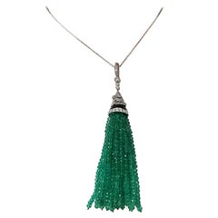 Emerald with Diamond and Onyx Tassel Pendant Set in 18 Karat White Gold Settings