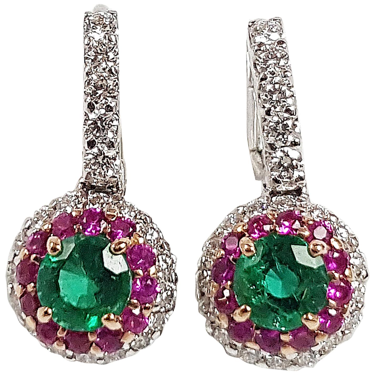 Emerald with Diamond and Pink Sapphire Earrings Set in 18 Karat White Gold For Sale