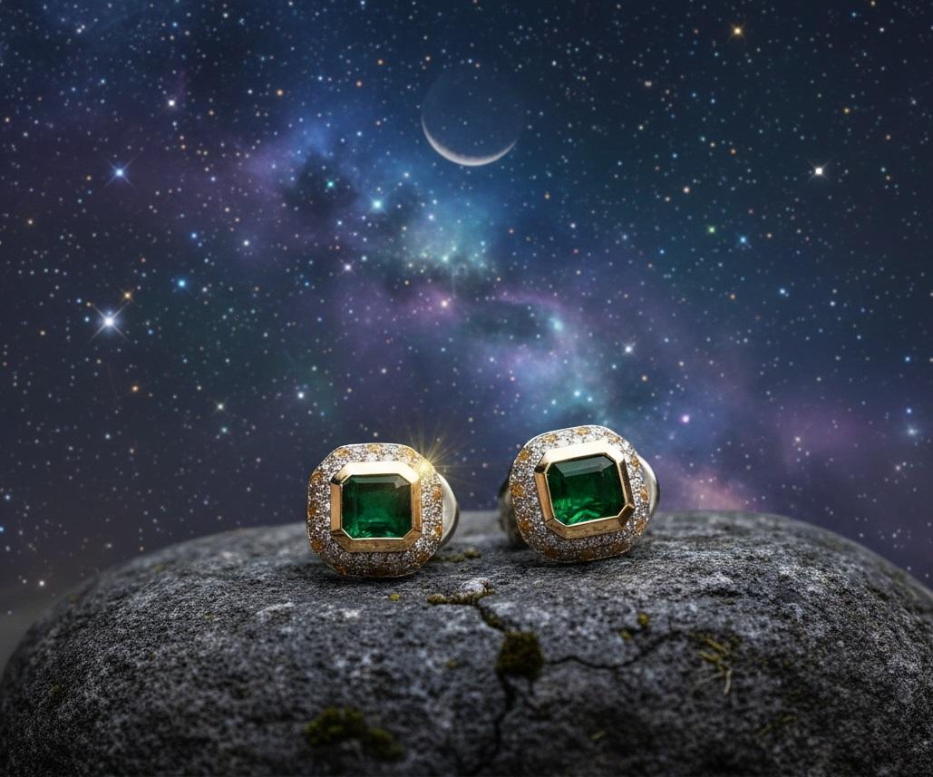 Taglio smeraldo Smeraldo con diamante e zaffiro giallo in orecchini a clip d'oro in vendita