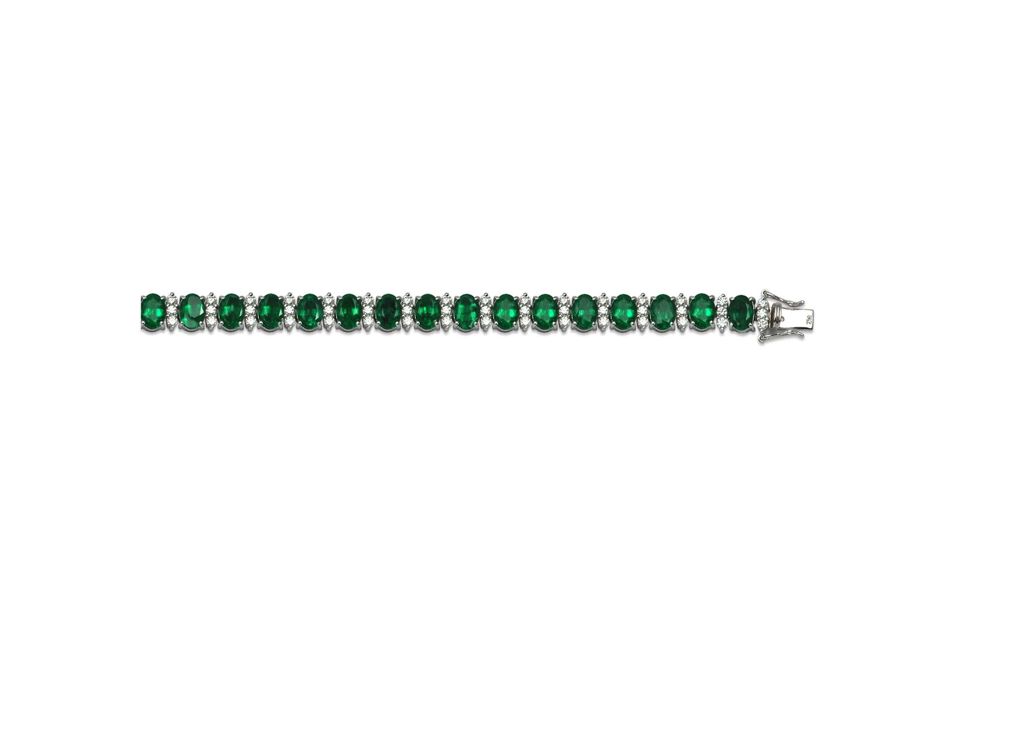 Oval Cut Emerald with Diamond Bracelet Set in 18 Karat White Gold Settings For Sale