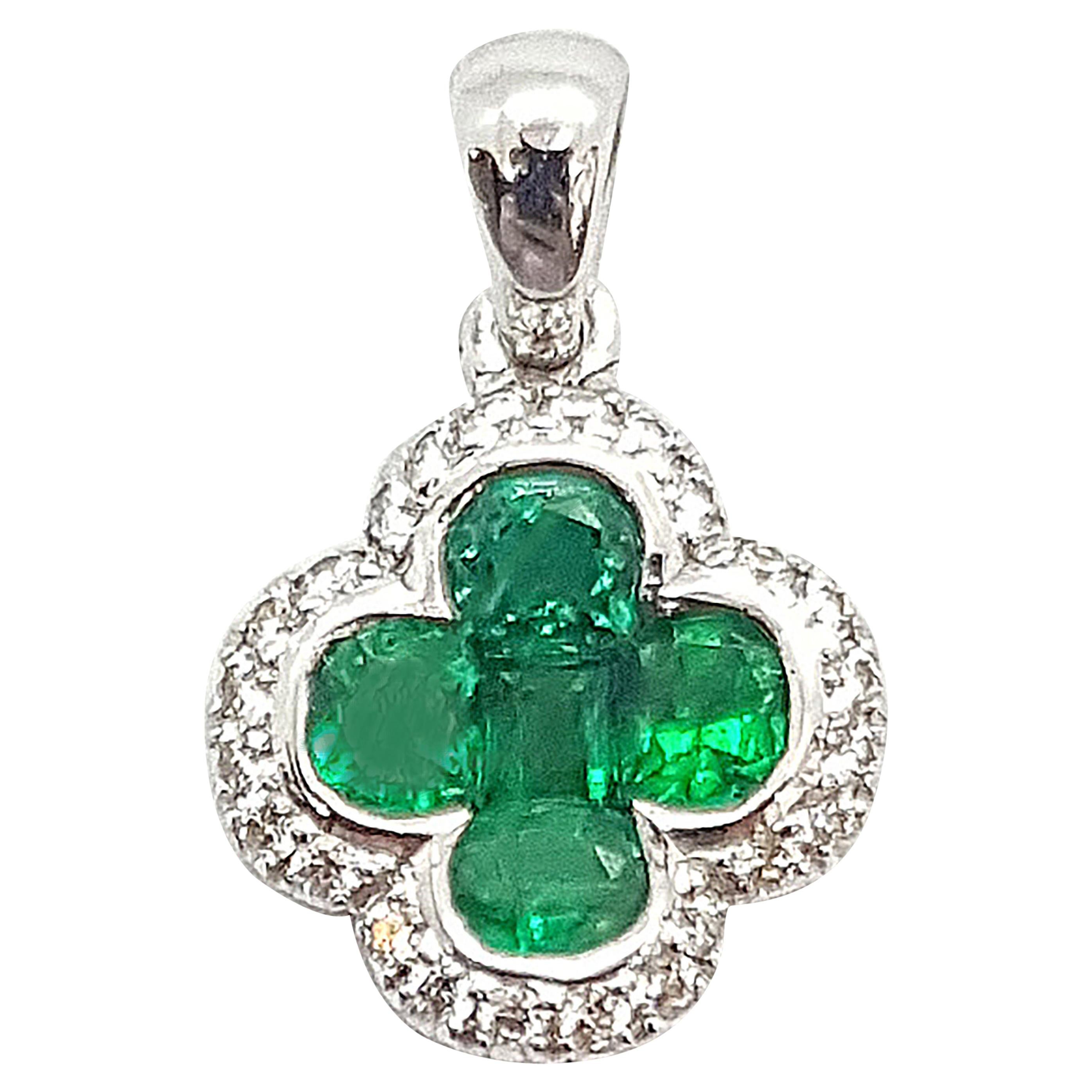 Emerald with Diamond Clover Pendant Set in 18 Karat Gold Settings