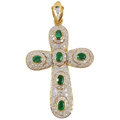 Emerald with Diamond Cross Pendant Set in 18 Karat Gold Settings