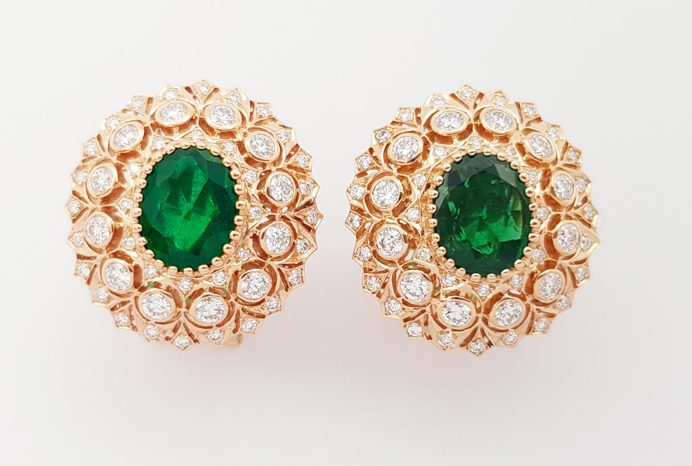 Emerald with Diamond Earring set in 18K Rose Gold Settings For Sale 3