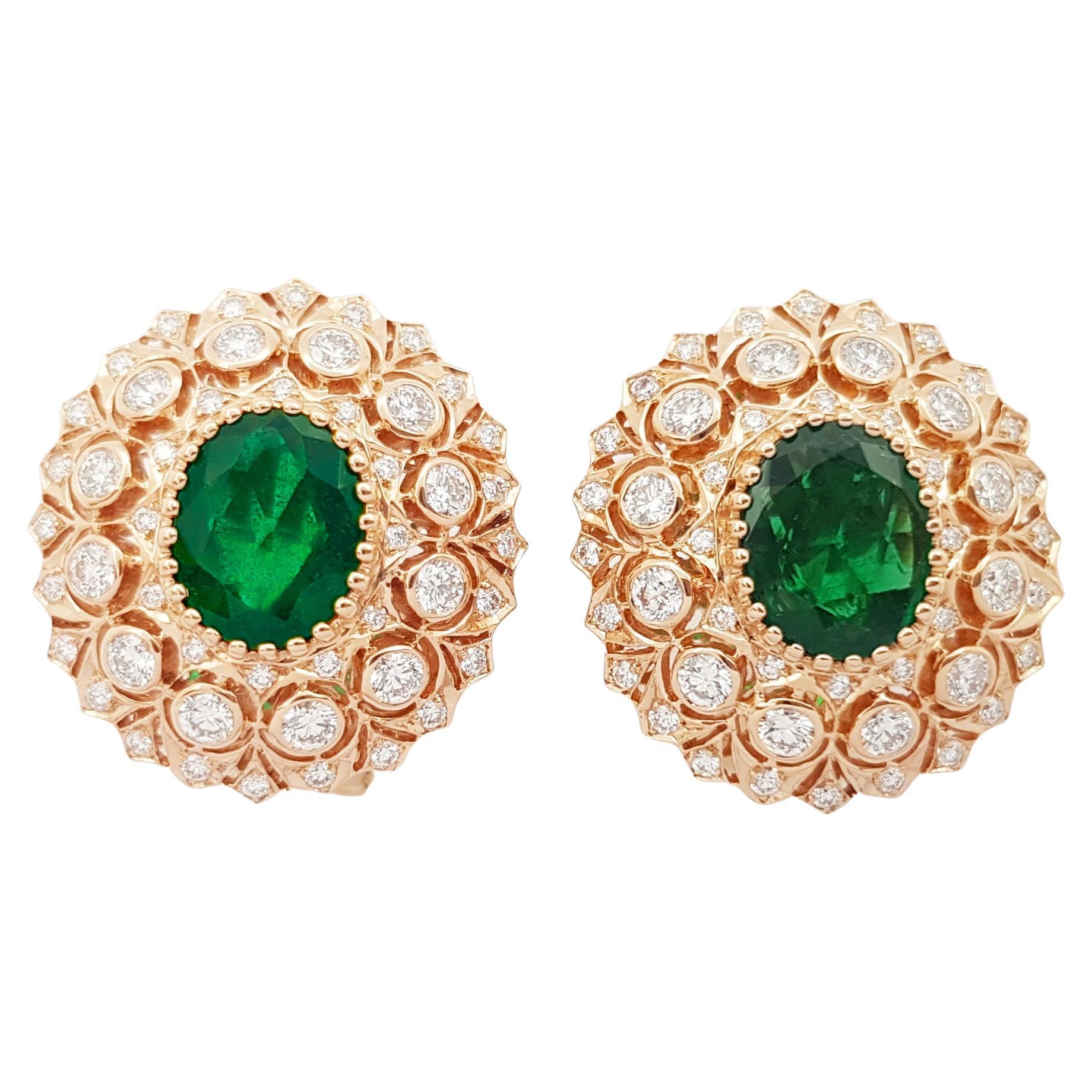 Emerald with Diamond Earring set in 18K Rose Gold Settings For Sale