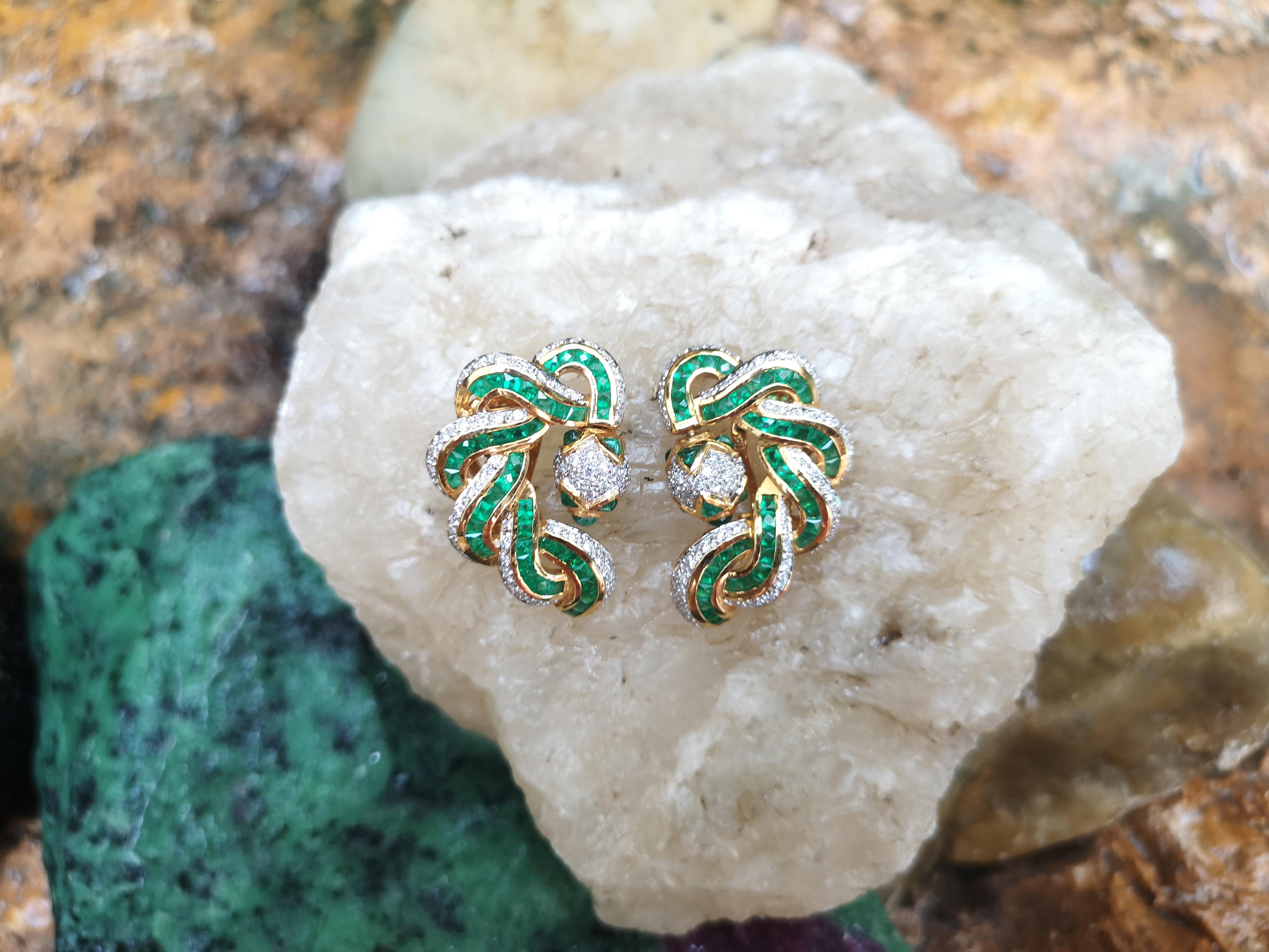 Princess Cut Emerald with Diamond Earrings Set in 18 Karat Gold Settings For Sale