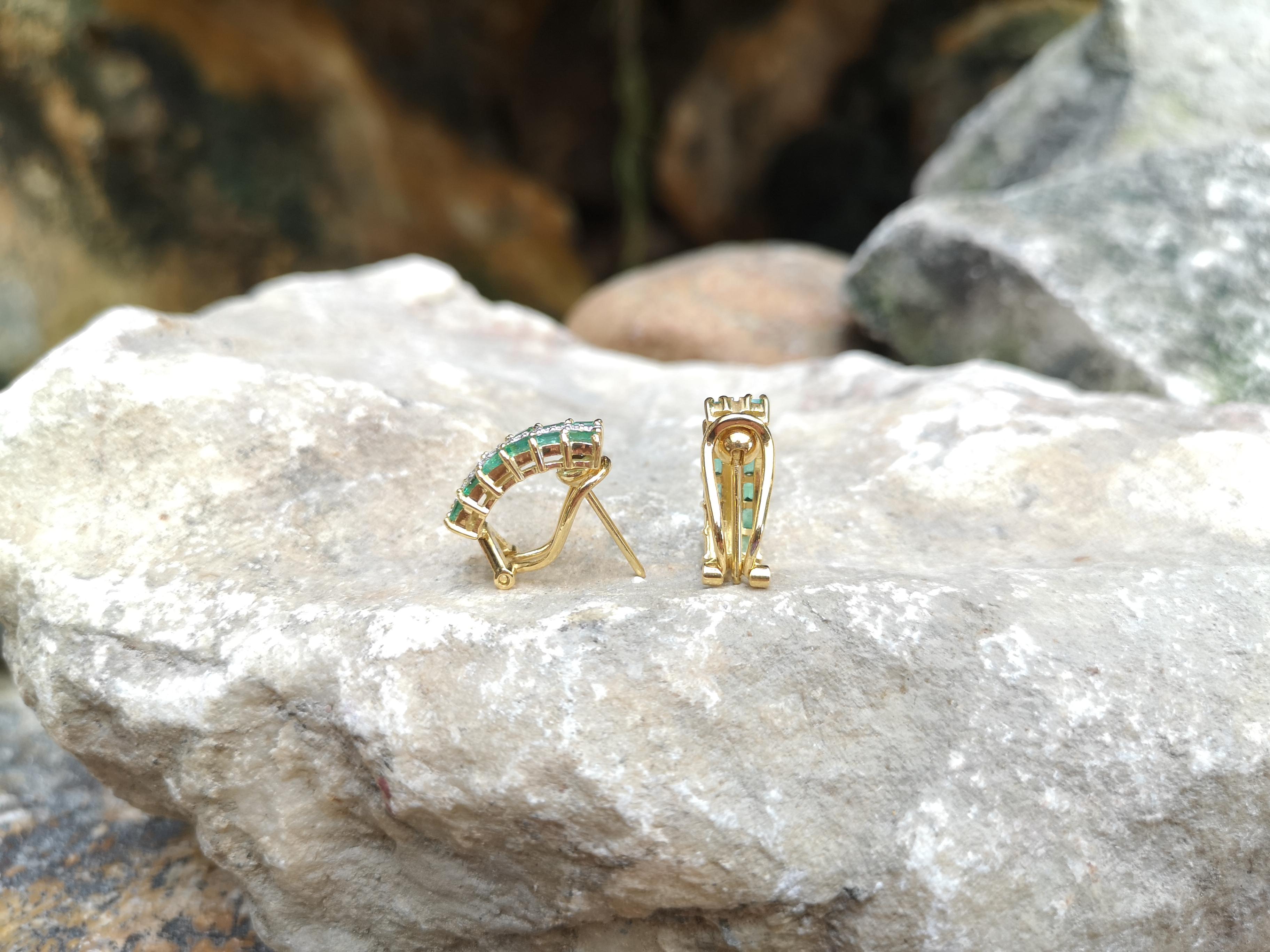 Emerald Cut Emerald with Diamond Earrings Set in 18 Karat Gold Settings For Sale