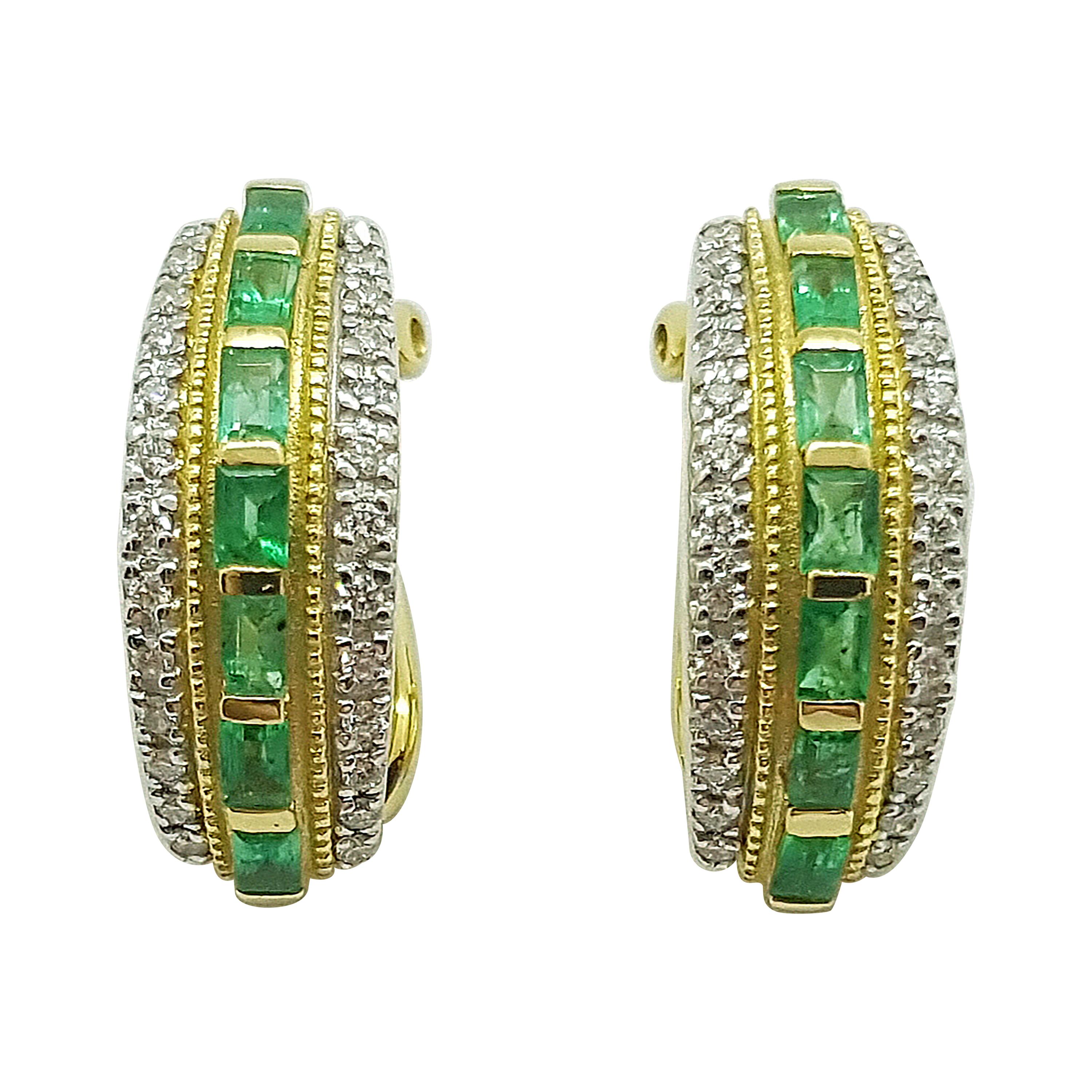 Emerald with Diamond Earrings Set in 18 Karat Gold Settings For Sale
