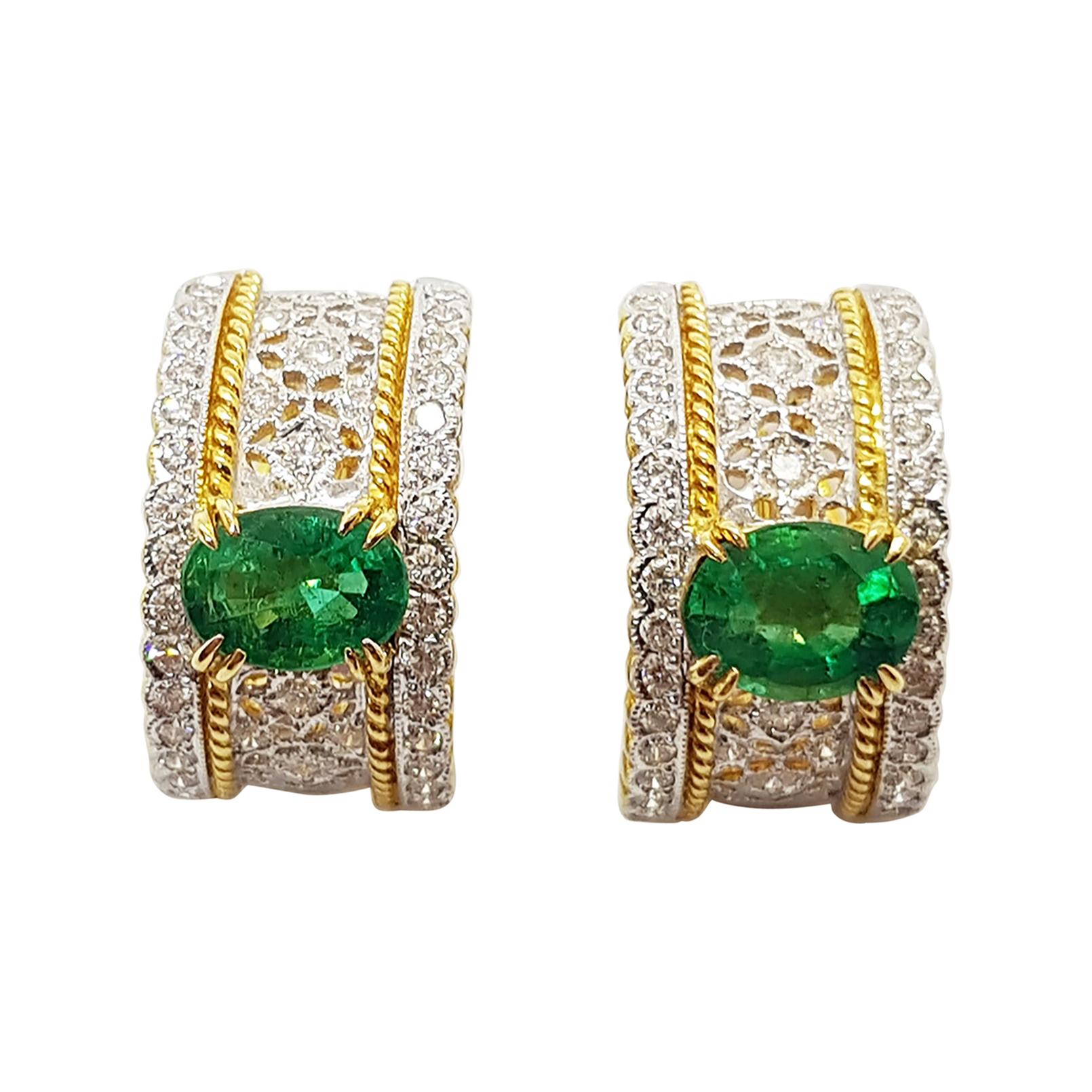Emerald with Diamond Earrings Set in 18 Karat Gold Settings For Sale