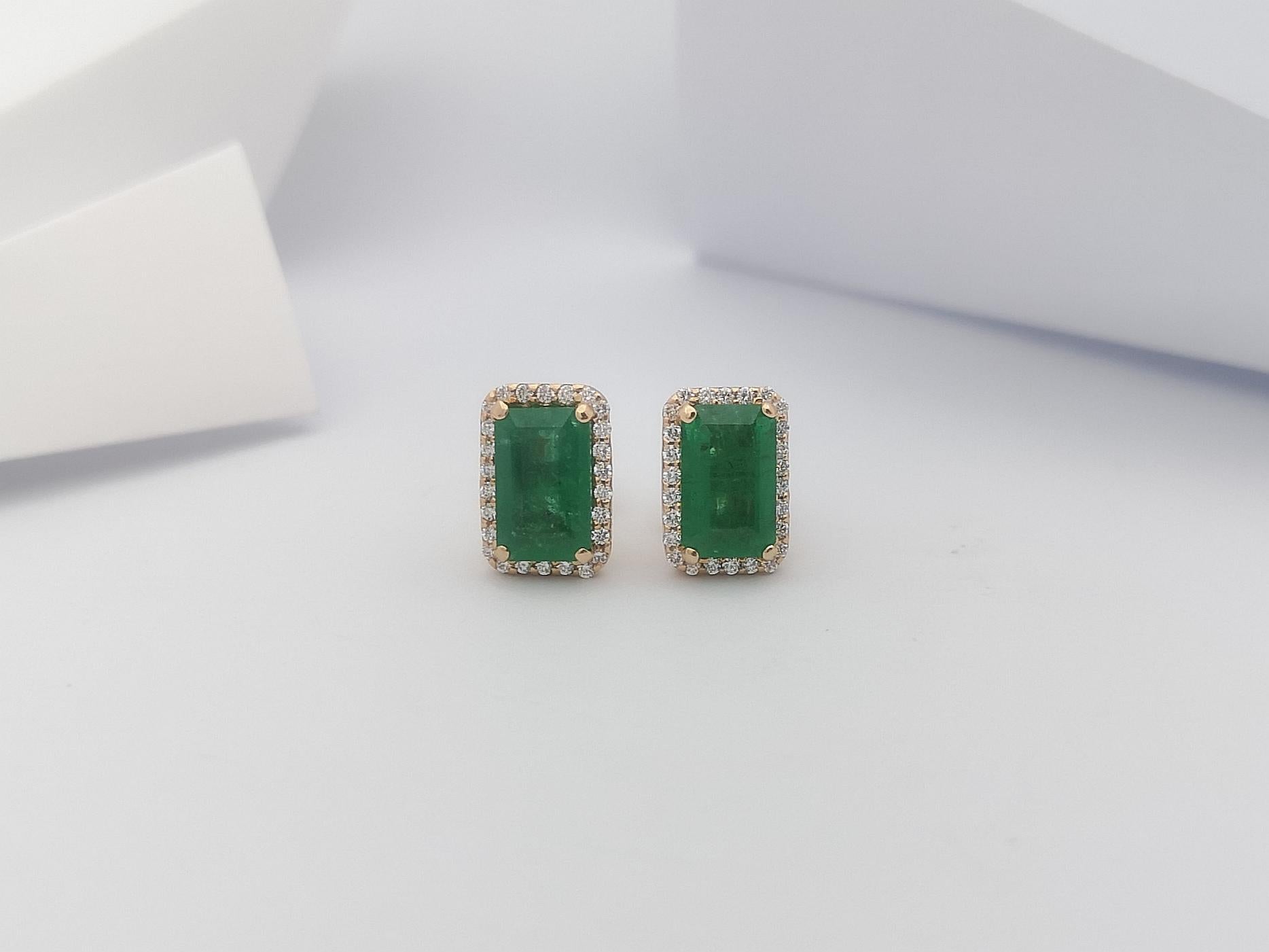 Emerald Cut Emerald with Diamond Earrings Set in 18 Karat Rose Gold Settings For Sale