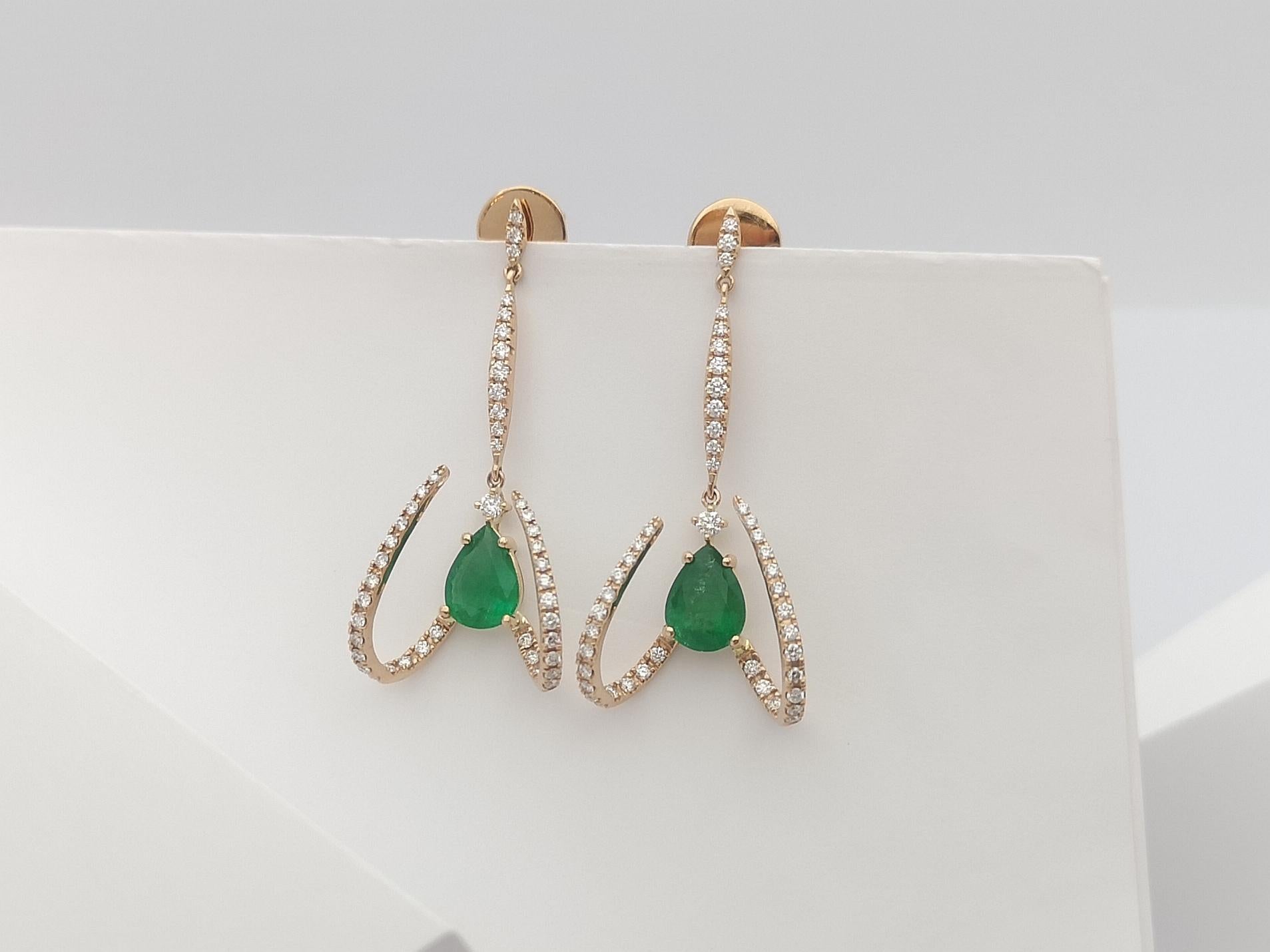 Pear Cut Emerald with Diamond Earrings Set in 18 Karat Rose Gold Settings For Sale