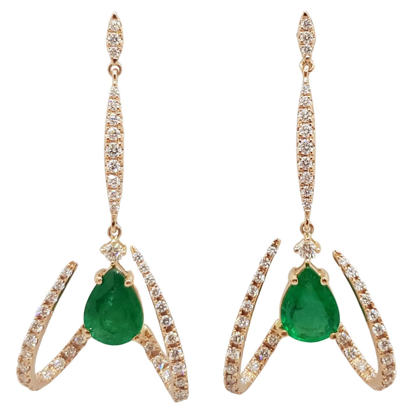 Emerald with Diamond Earrings Set in 18 Karat Rose Gold Settings For Sale