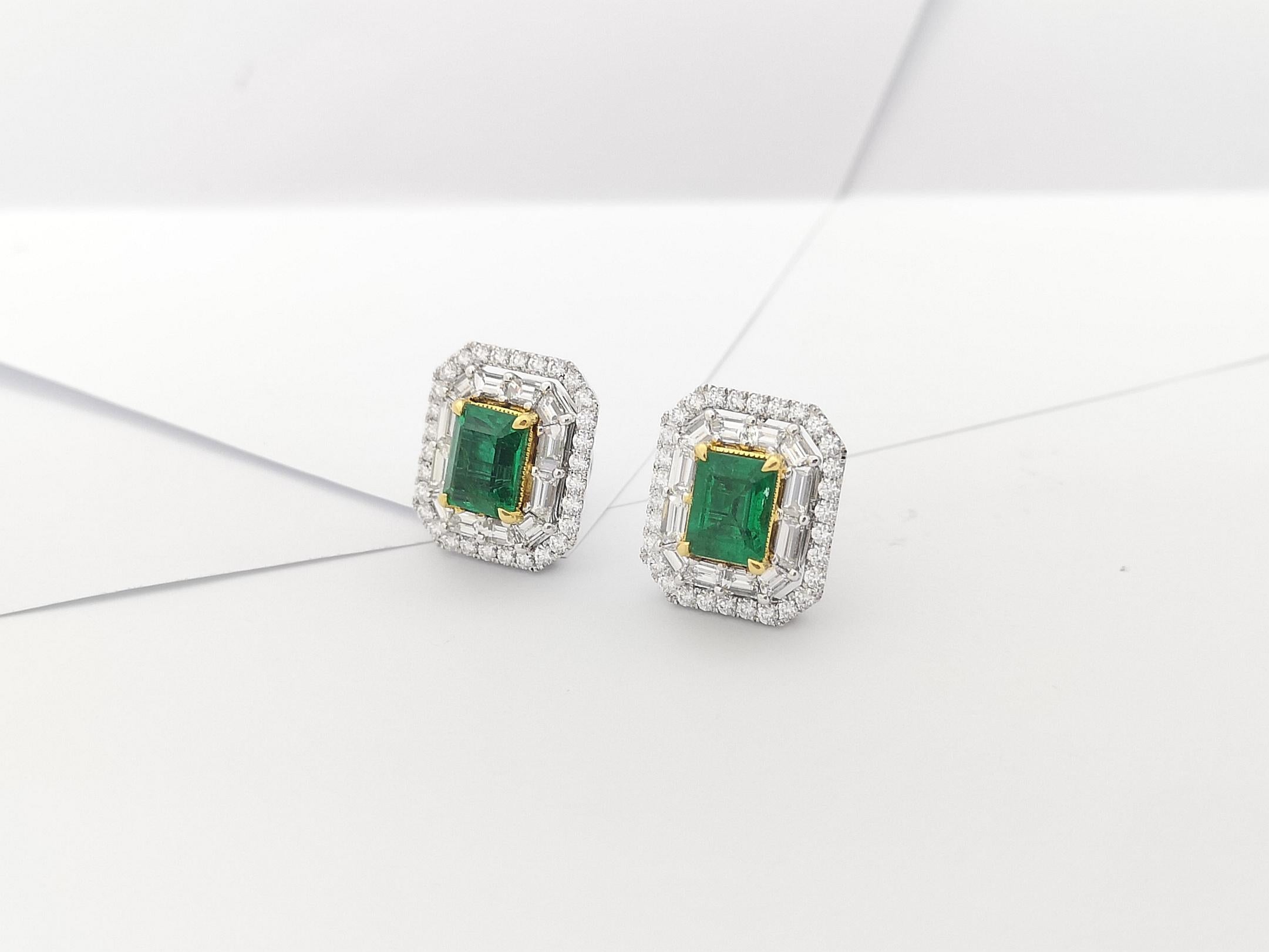 Emerald with Diamond Earrings Set in 18 Karat White Gold Settings For Sale 5