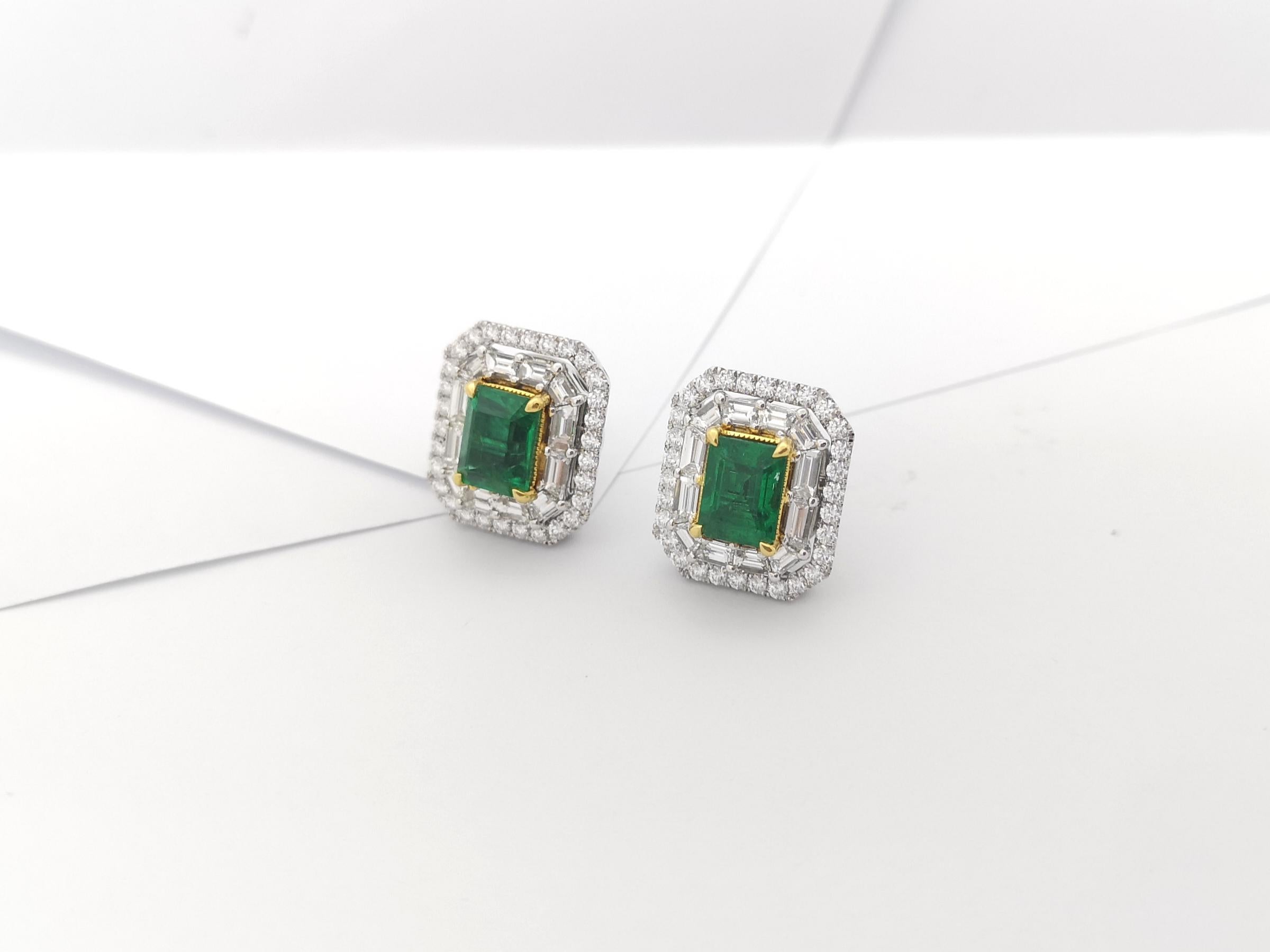 Emerald with Diamond Earrings Set in 18 Karat White Gold Settings For Sale 6