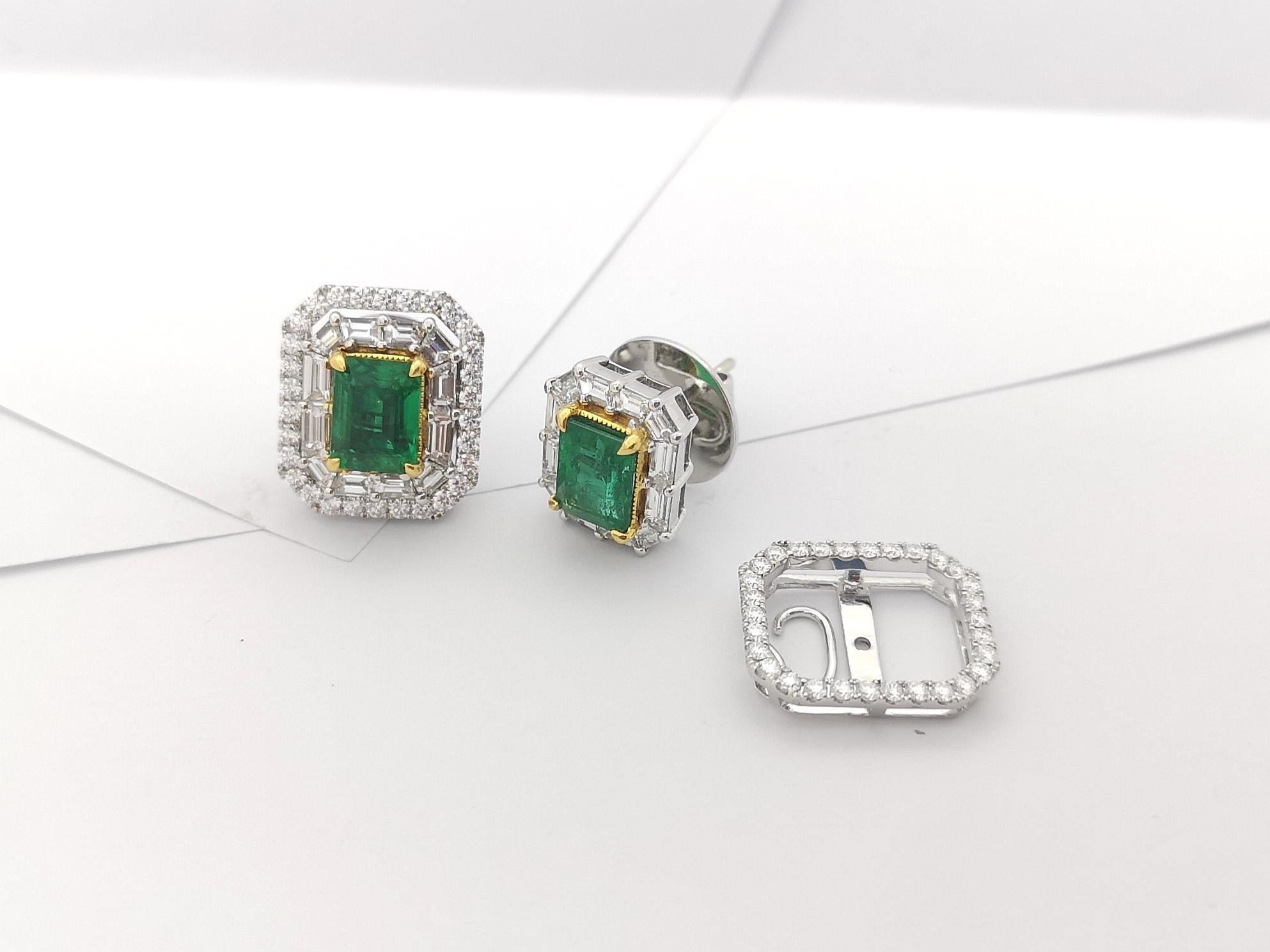 Emerald with Diamond Earrings Set in 18 Karat White Gold Settings For Sale 7