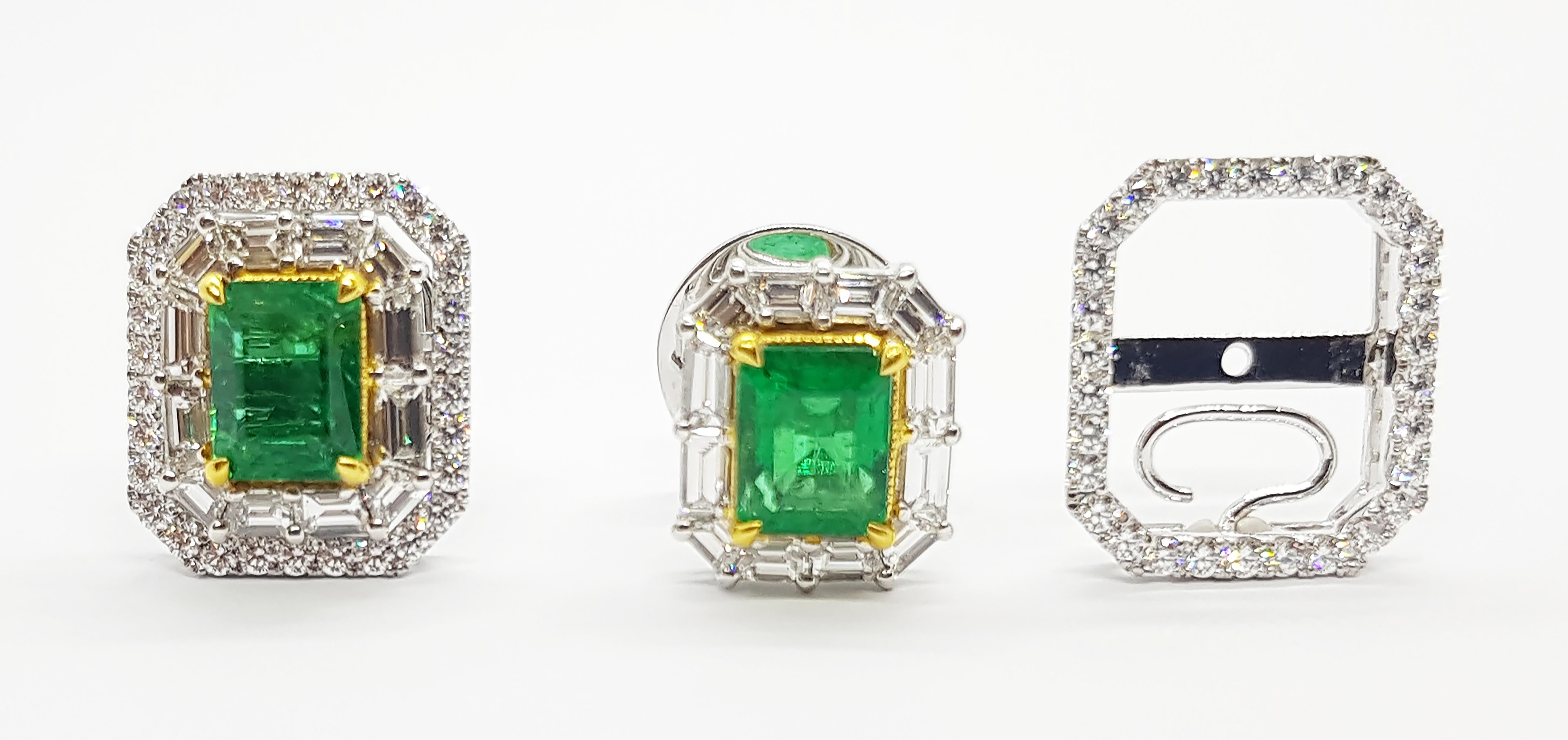 Emerald with Diamond Earrings Set in 18 Karat White Gold Settings For Sale 1