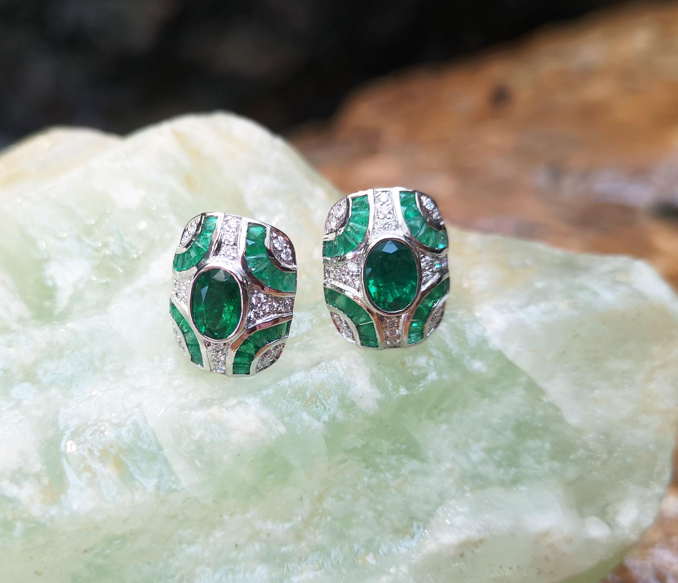 Art Deco Emerald with Diamond Earrings Set in 18 Karat White Gold Settings