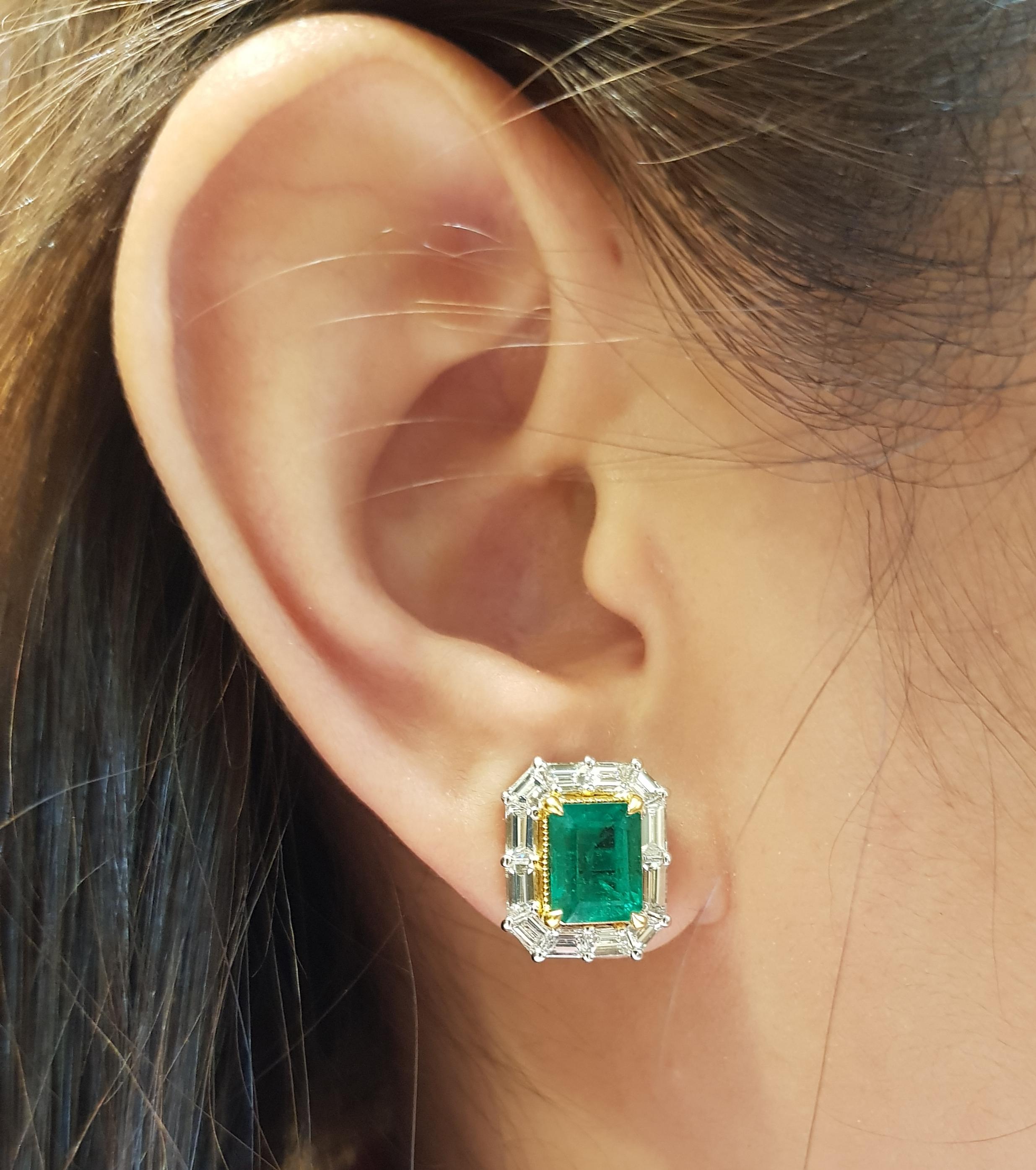 Contemporary Emerald with Diamond Earrings Set in 18 Karat White Gold Settings For Sale