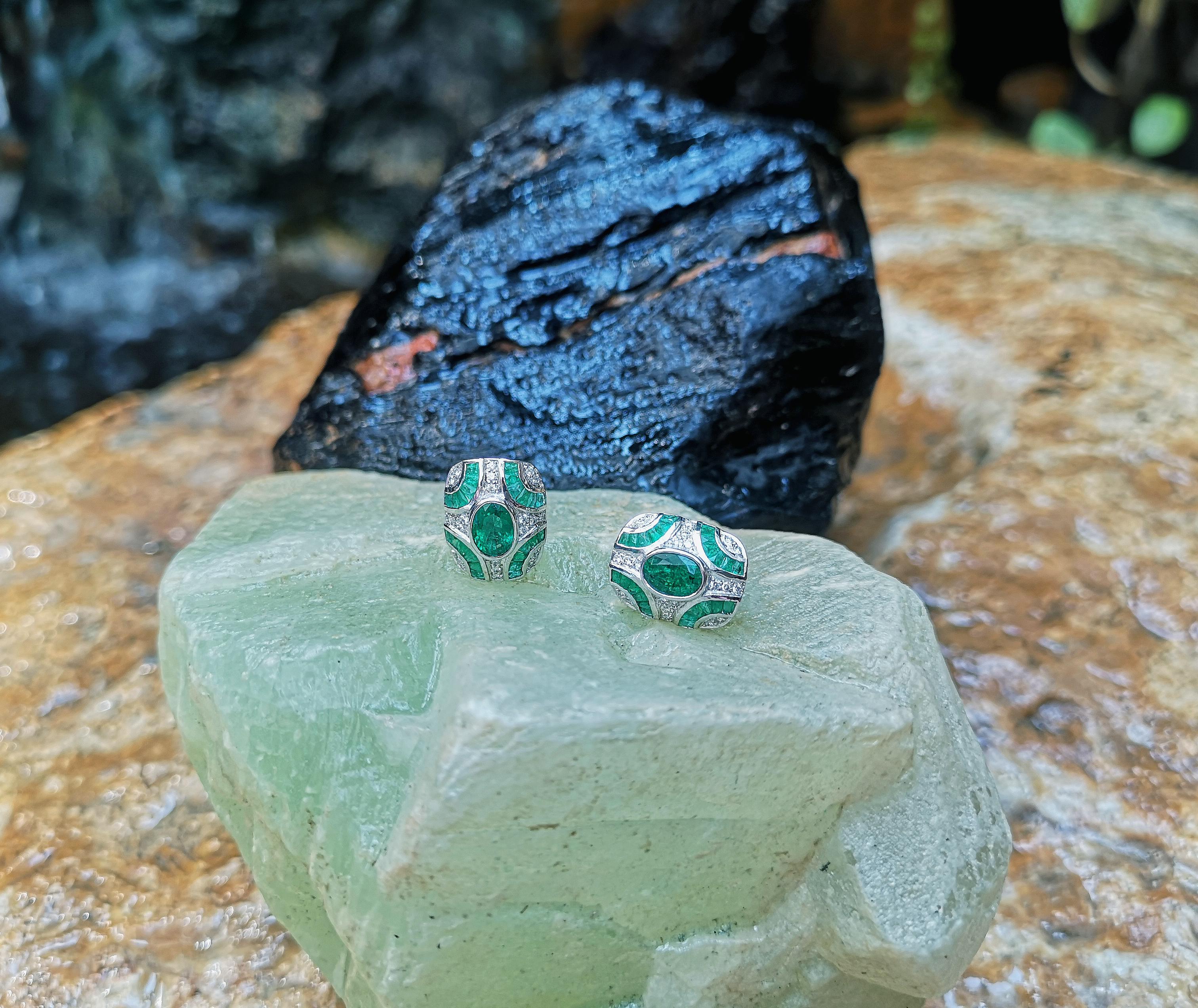 Women's Emerald with Diamond Earrings Set in 18 Karat White Gold Settings