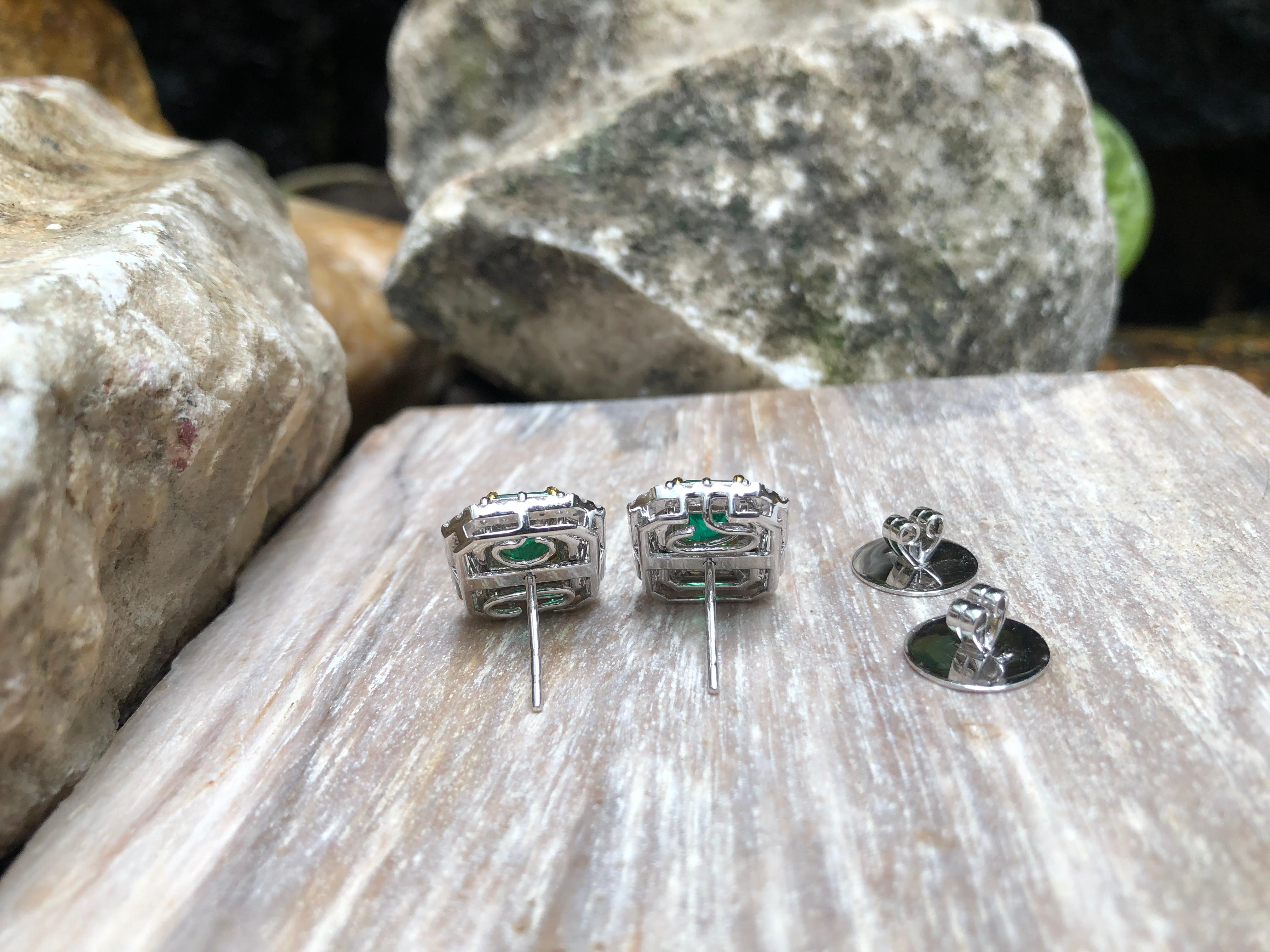 Emerald with Diamond Earrings Set in 18 Karat White Gold Settings For Sale 3