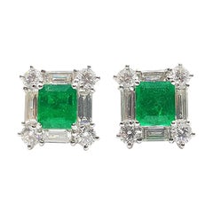 Emerald with Diamond Earrings Set in 18 Karat White Gold Settings