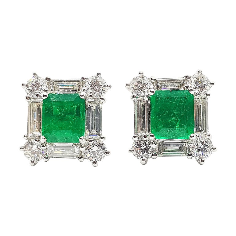 Emerald with Diamond Earrings Set in 18 Karat White Gold Settings For ...
