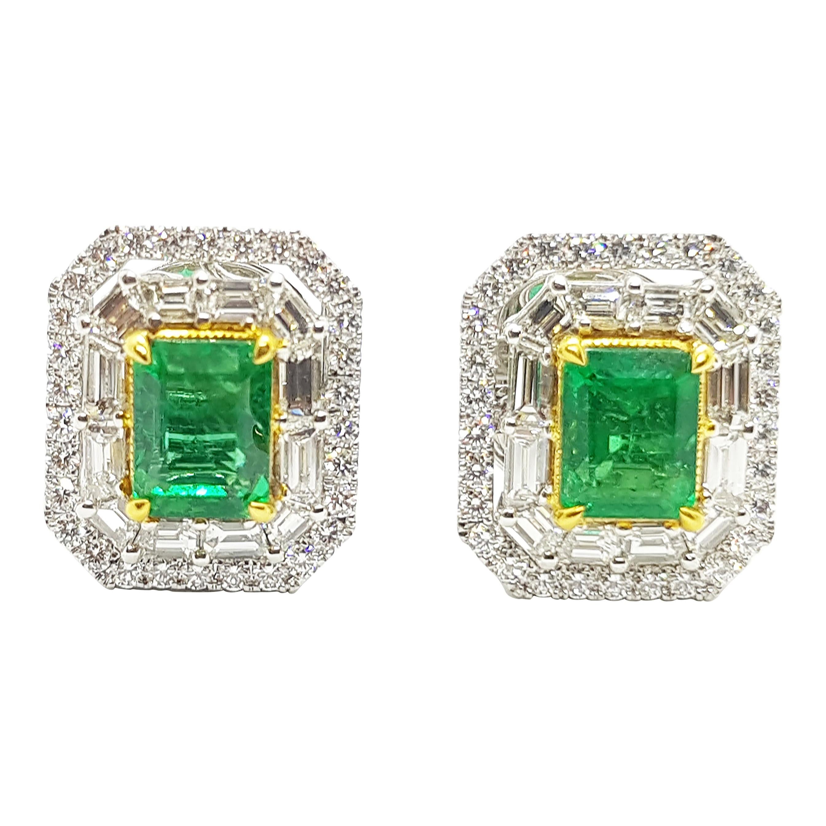 Emerald with Diamond Earrings Set in 18 Karat White Gold Settings For Sale