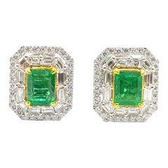 Emerald with Diamond Earrings Set in 18 Karat White Gold Settings