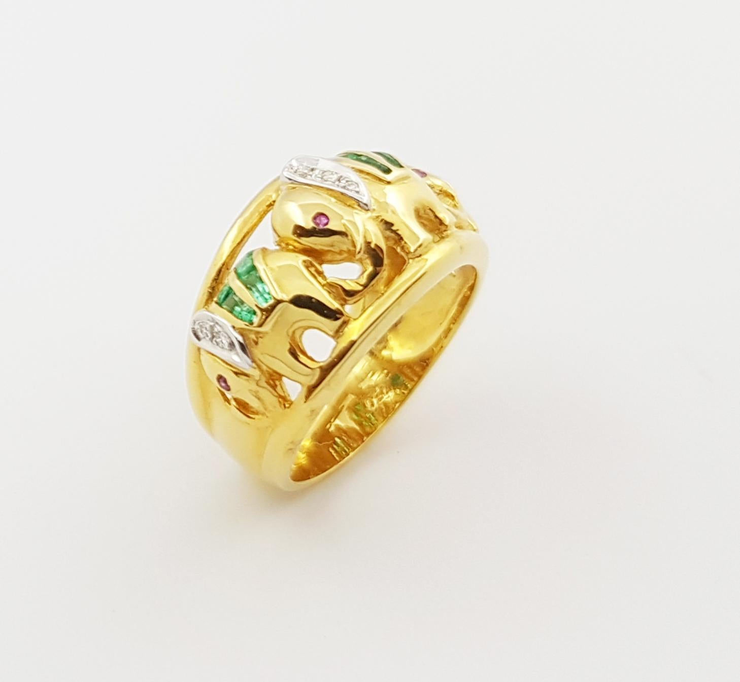 Emerald with Diamond Elephant Ring Set in 18 Karat Gold Settings For Sale 4