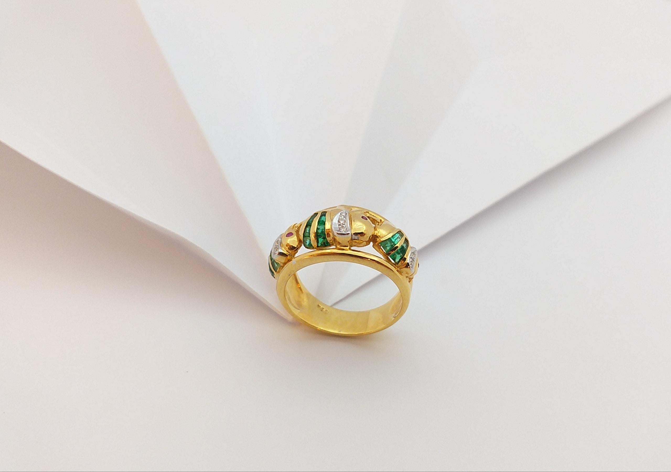 Emerald with Diamond Elephant Ring Set in 18 Karat Gold Settings For Sale 6