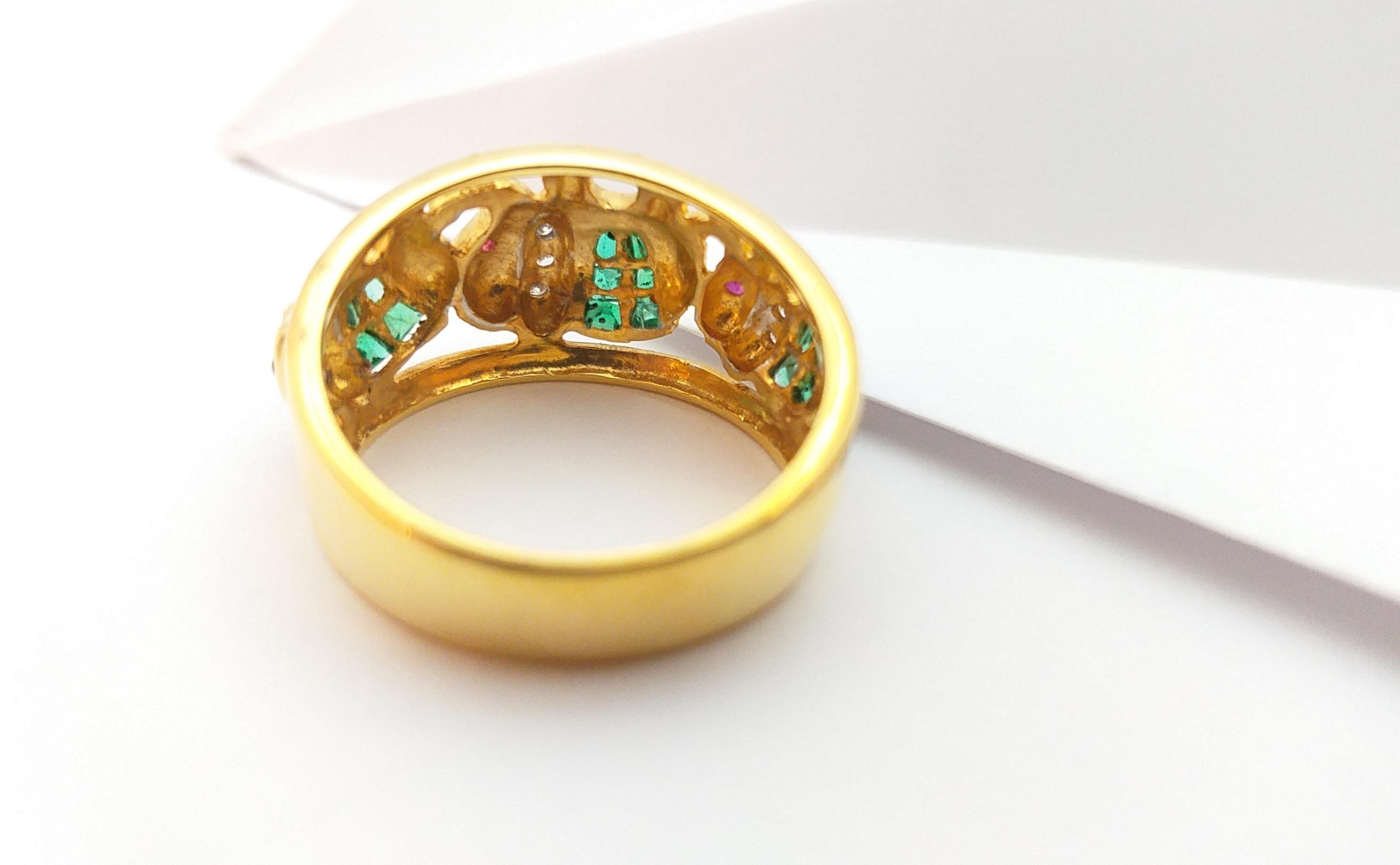 Emerald with Diamond Elephant Ring Set in 18 Karat Gold Settings For Sale 11