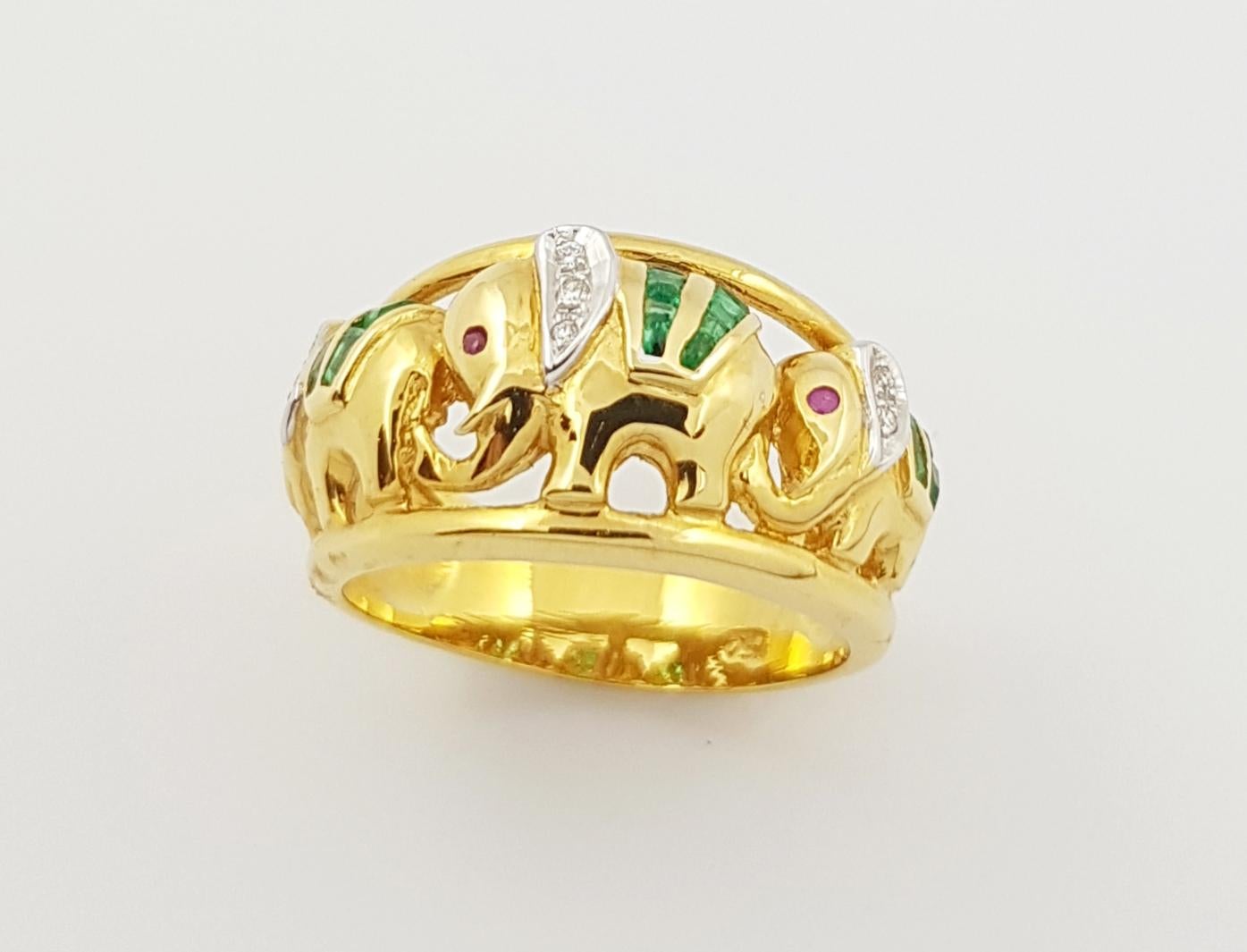 Emerald with Diamond Elephant Ring Set in 18 Karat Gold Settings For Sale 2