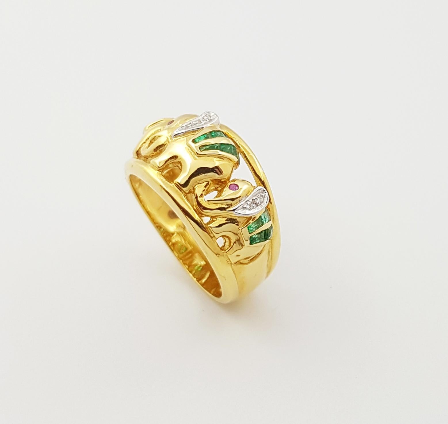 Emerald with Diamond Elephant Ring Set in 18 Karat Gold Settings For Sale 3