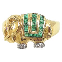 Emerald with Diamond Elephant Ring Set in 18 Karat Gold Settings