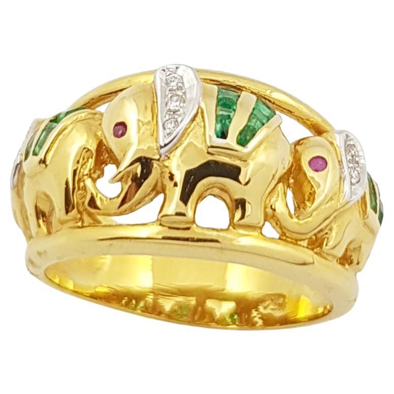 Emerald with Diamond Elephant Ring Set in 18 Karat Gold Settings For Sale