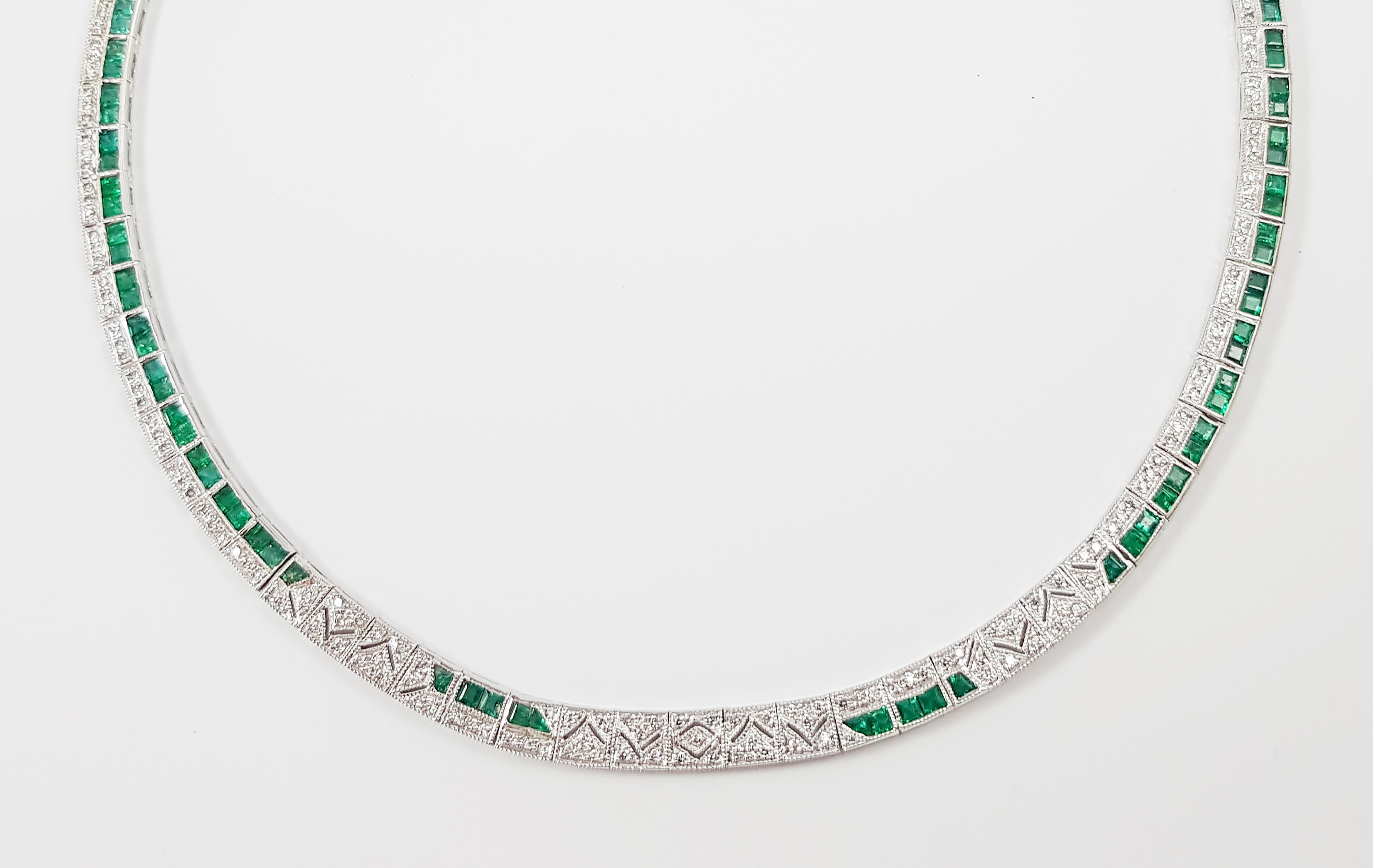 Emerald 6.02 carats with Diamond 1.25 carats Necklace set in 18 Karat White Gold Settings

Width:  0.5 cm 
Length: 42.50 cm
Total Weight: 41.48 grams

