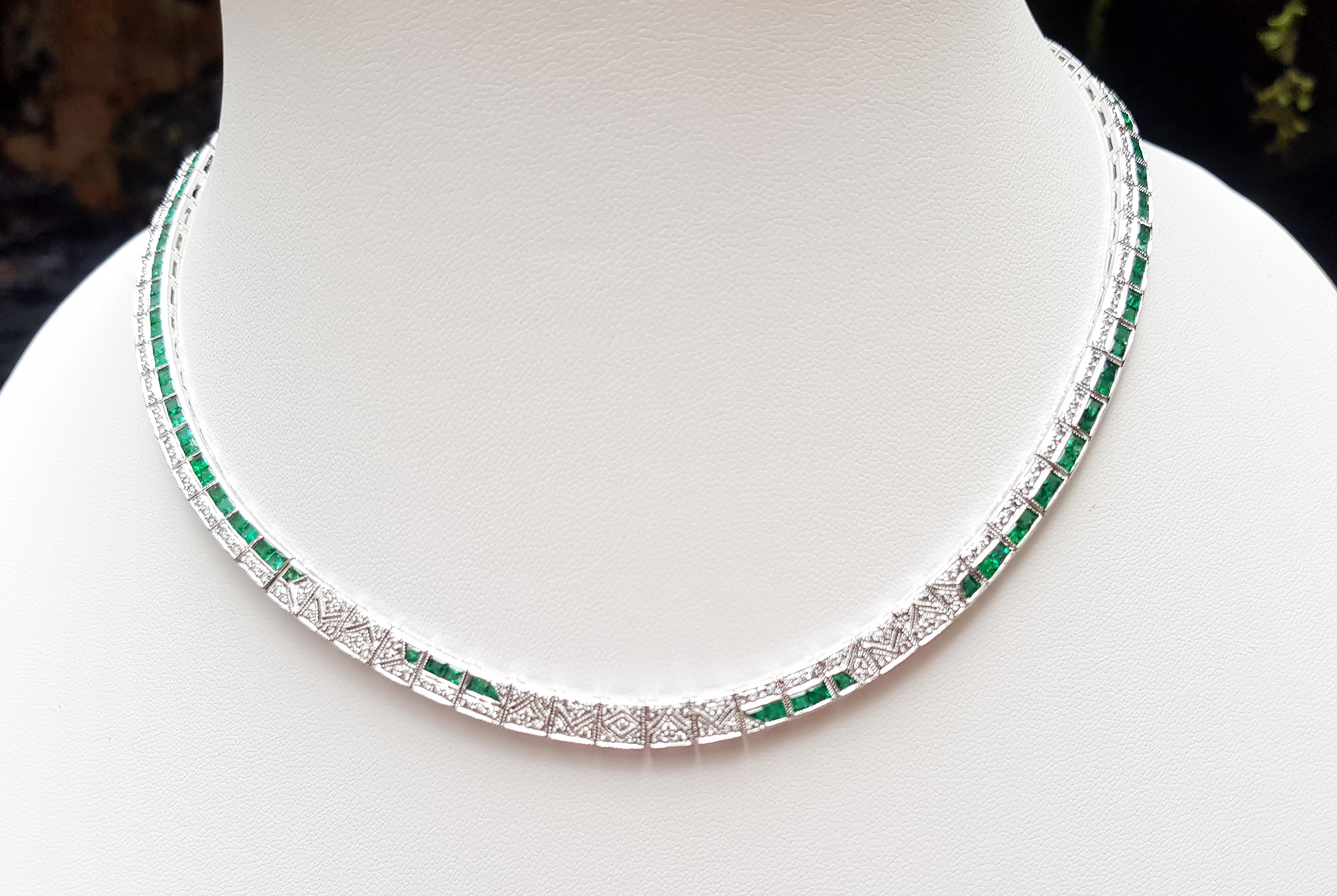 Art Deco Emerald with Diamond Necklace Set in 18 Karat White Gold Settings For Sale