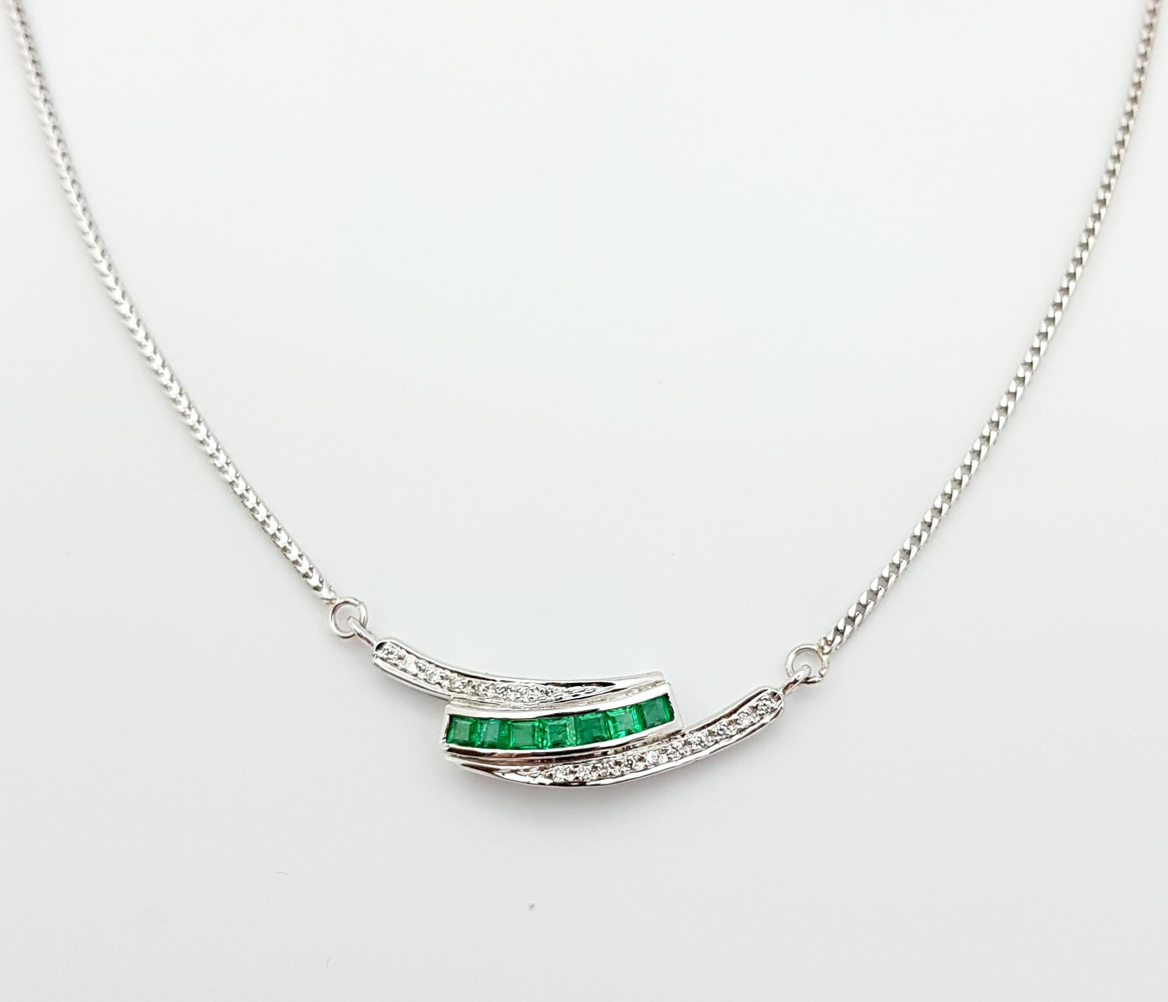 Women's Emerald with Diamond Necklace Set in 18 Karat White Gold Settings For Sale