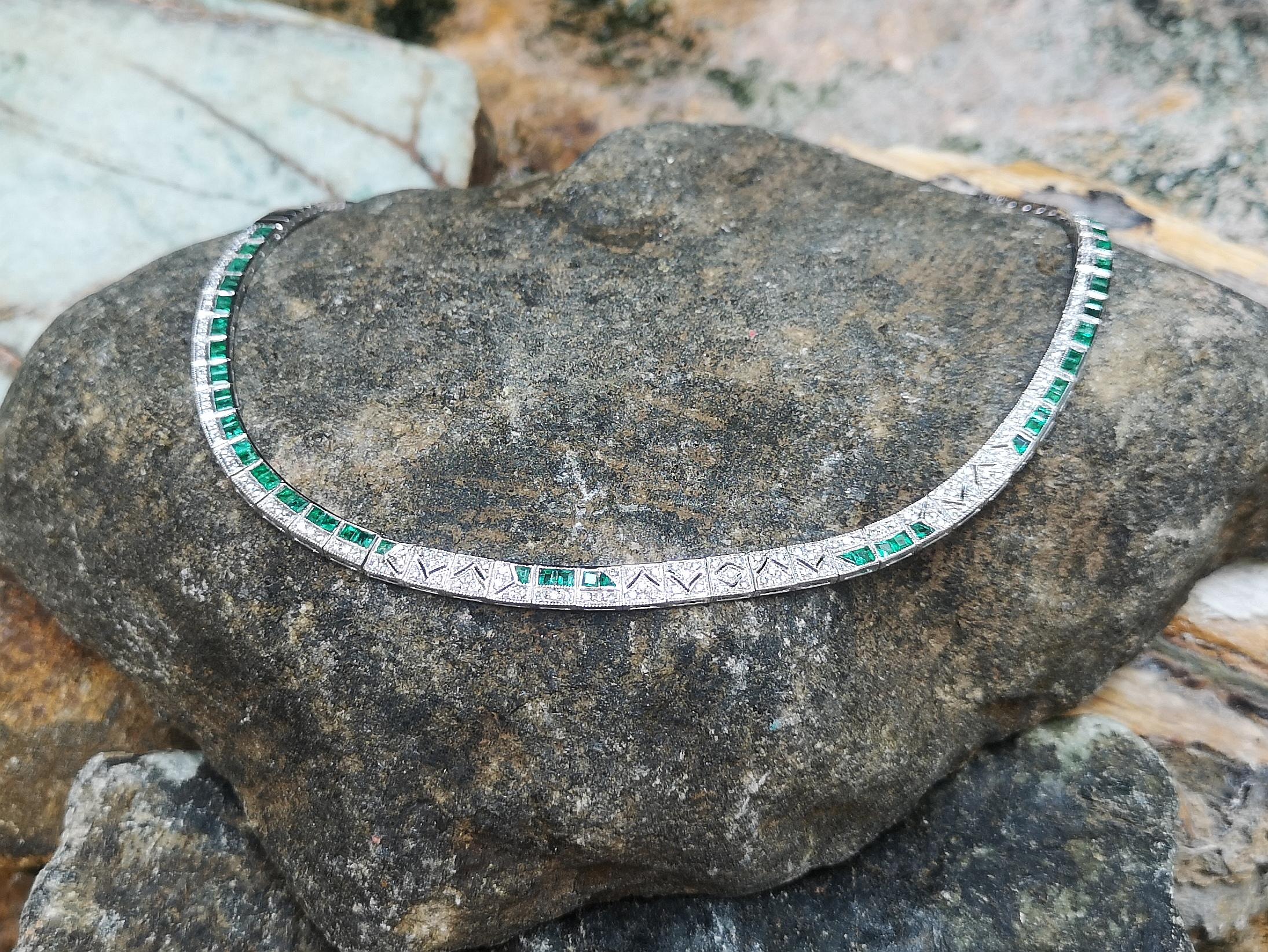 Women's Emerald with Diamond Necklace Set in 18 Karat White Gold Settings For Sale