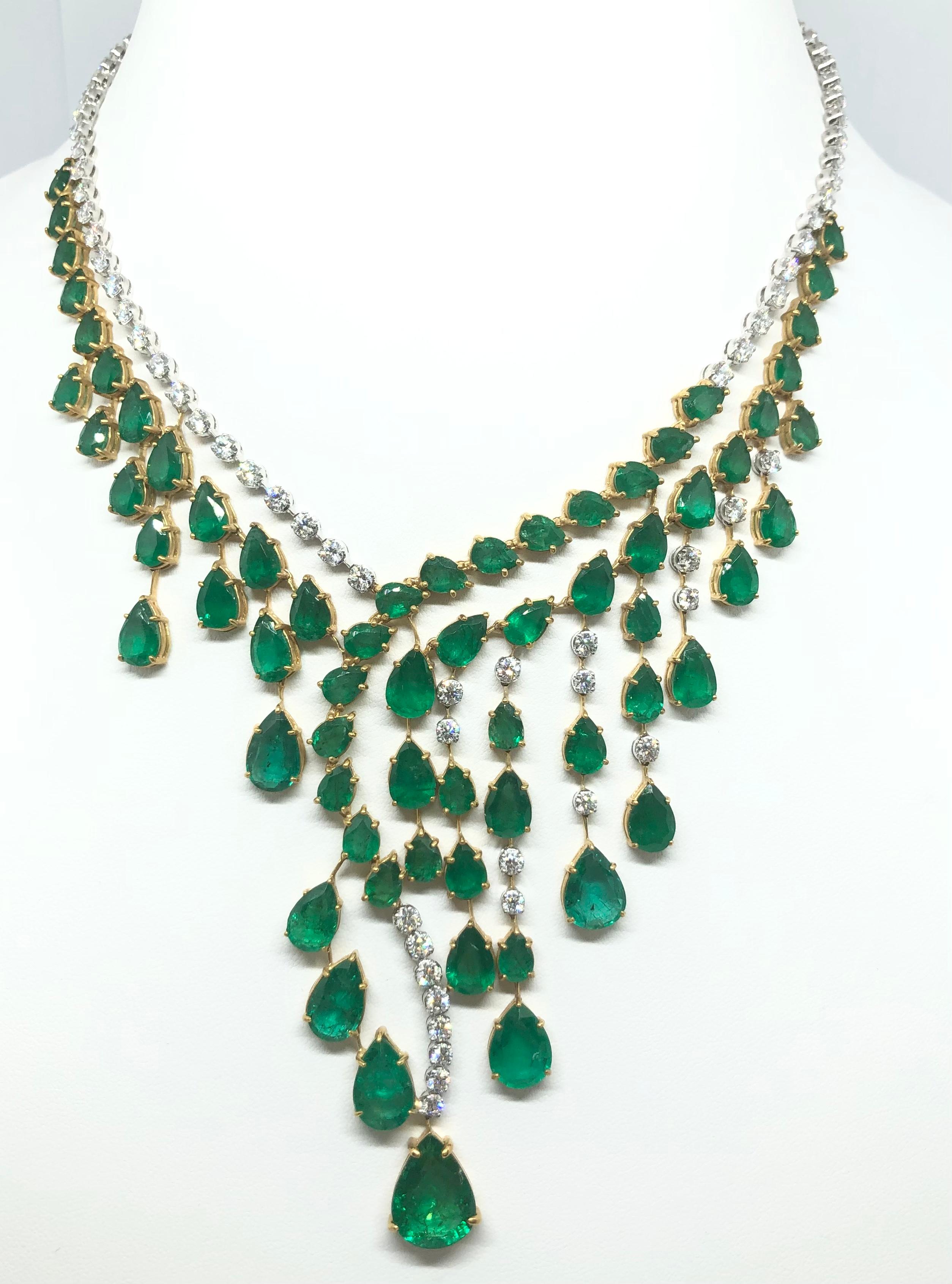 Mixed Cut Emerald with Diamond Necklace Set in 18 Karat White Gold Settings For Sale