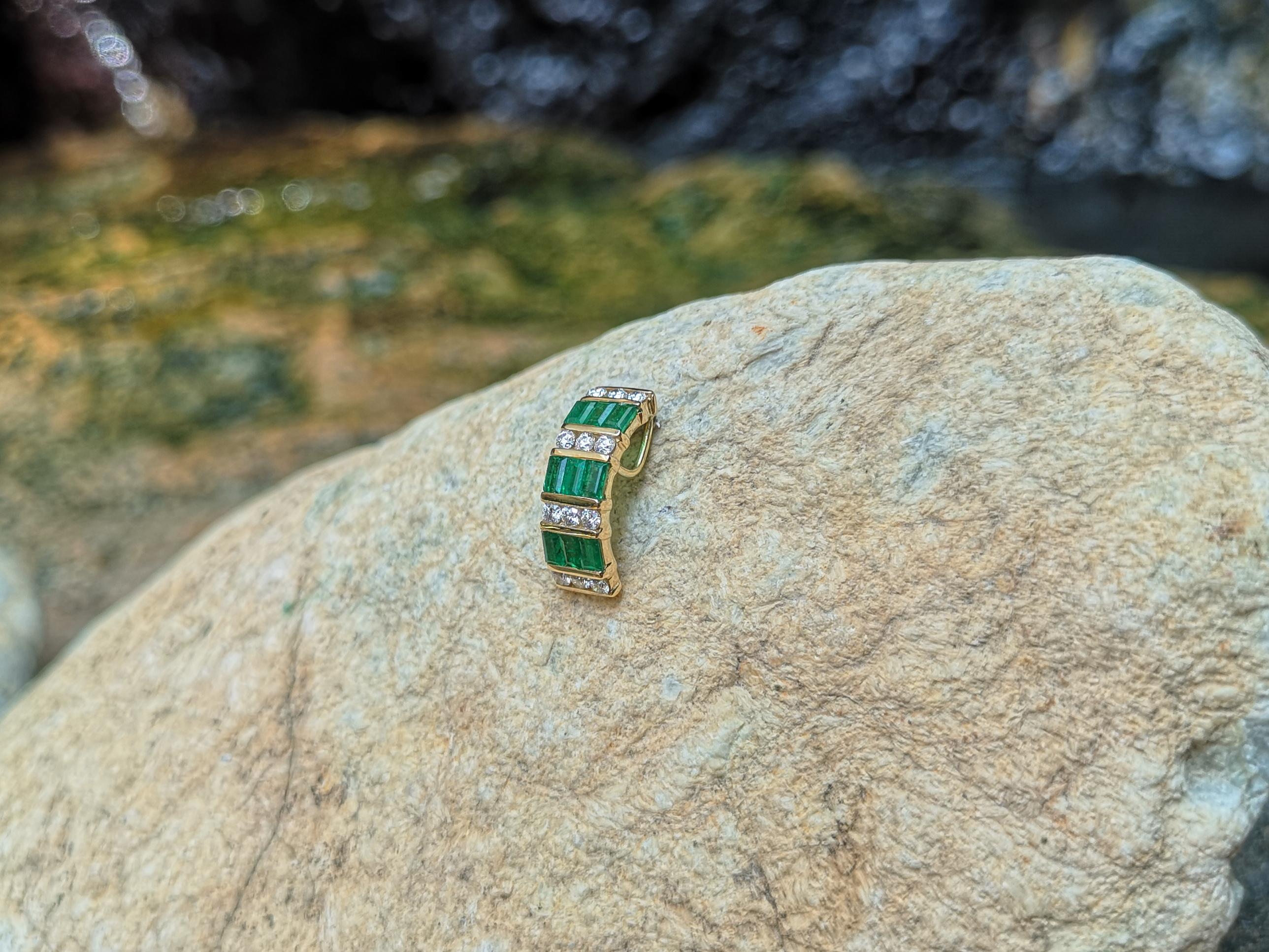 Emerald Cut Emerald with Diamond Pendant Set in 18 Karat Gold Settings For Sale