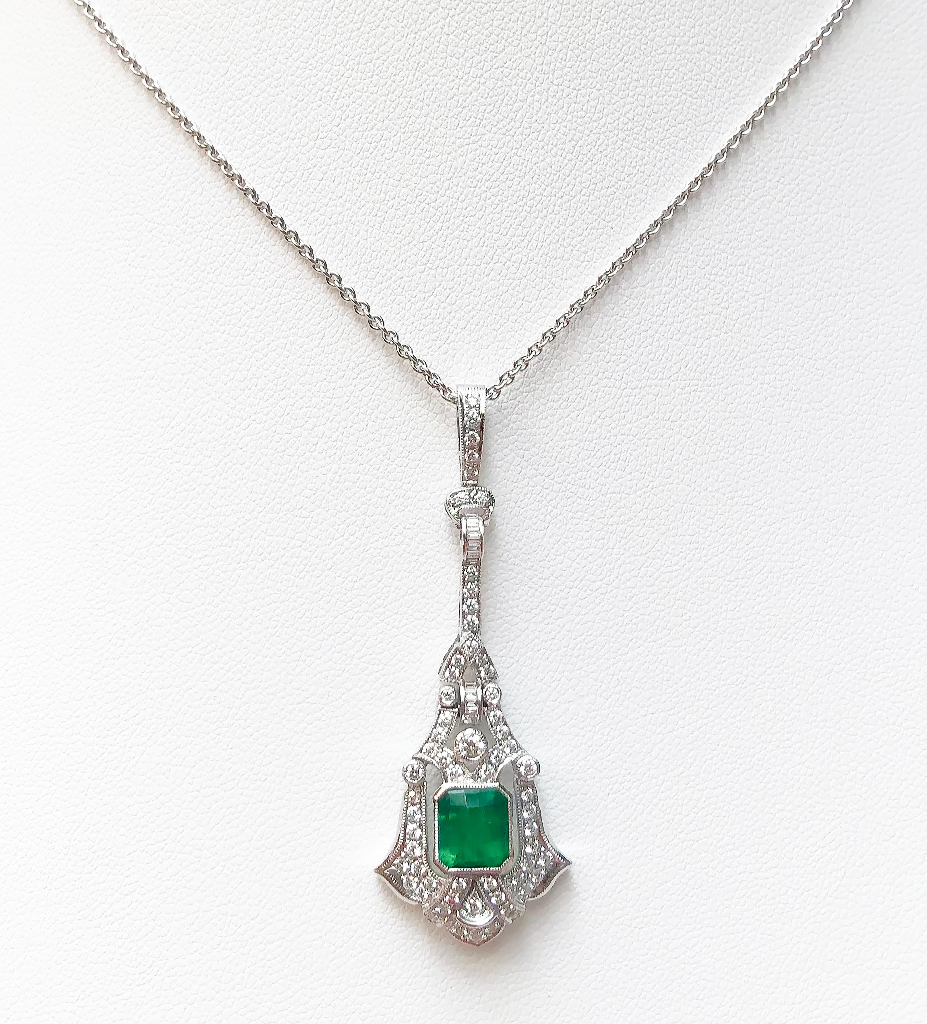 Emerald 1.09 carats with Diamond 0.70 carat Pendant set in 18 Karat White Gold Settings
(chain not included)

Width:  1.9 cm 
Length: 5.0 cm
Total Weight: 5.47 grams

