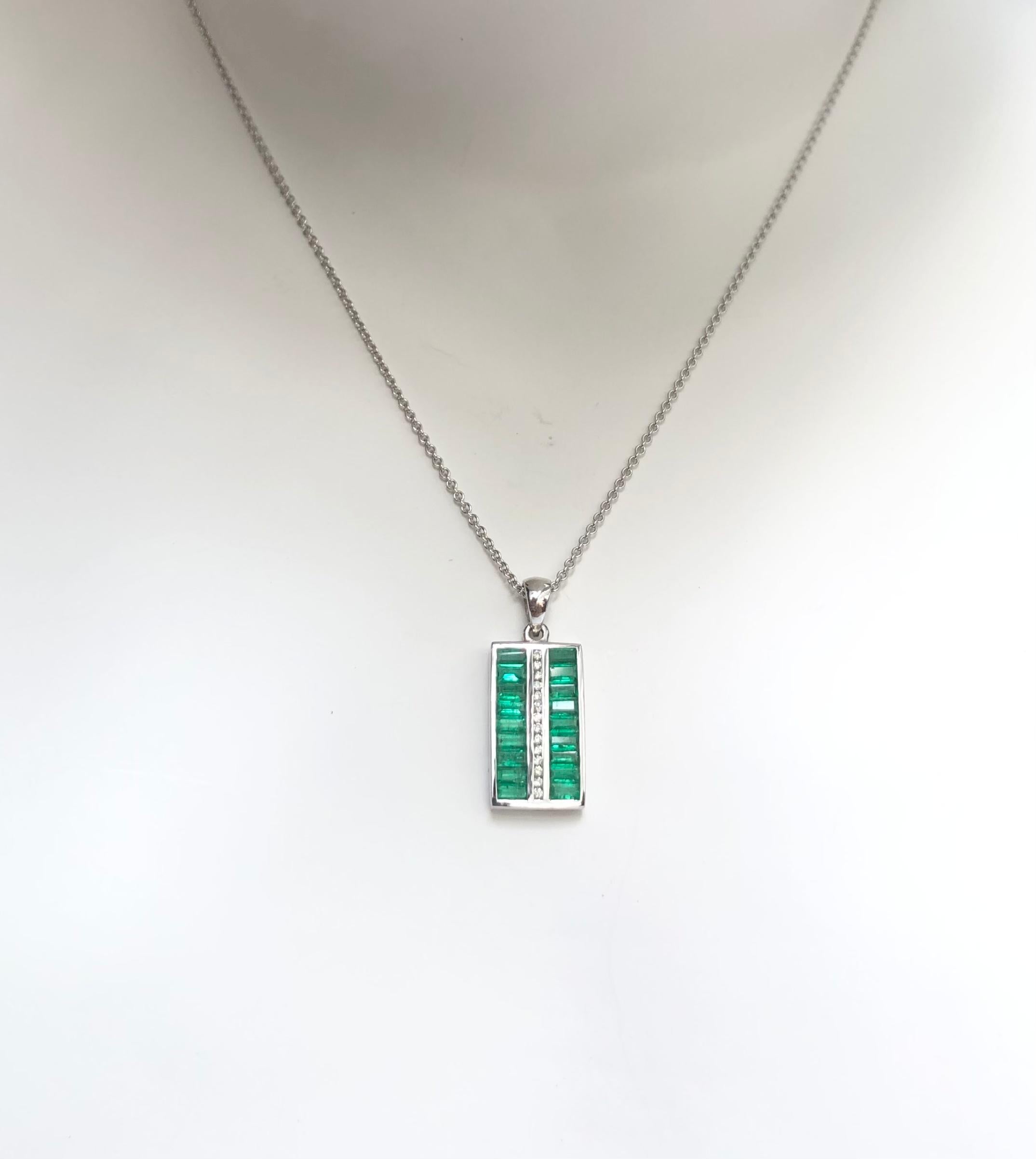 Emerald 1.54 carats with Diamond 0.08 carat Pendant set in 18 Karat White Gold Settings
(chain not included)

Width: 1.0 cm 
Length: 2.9 cm
Total Weight: 2.55 grams

