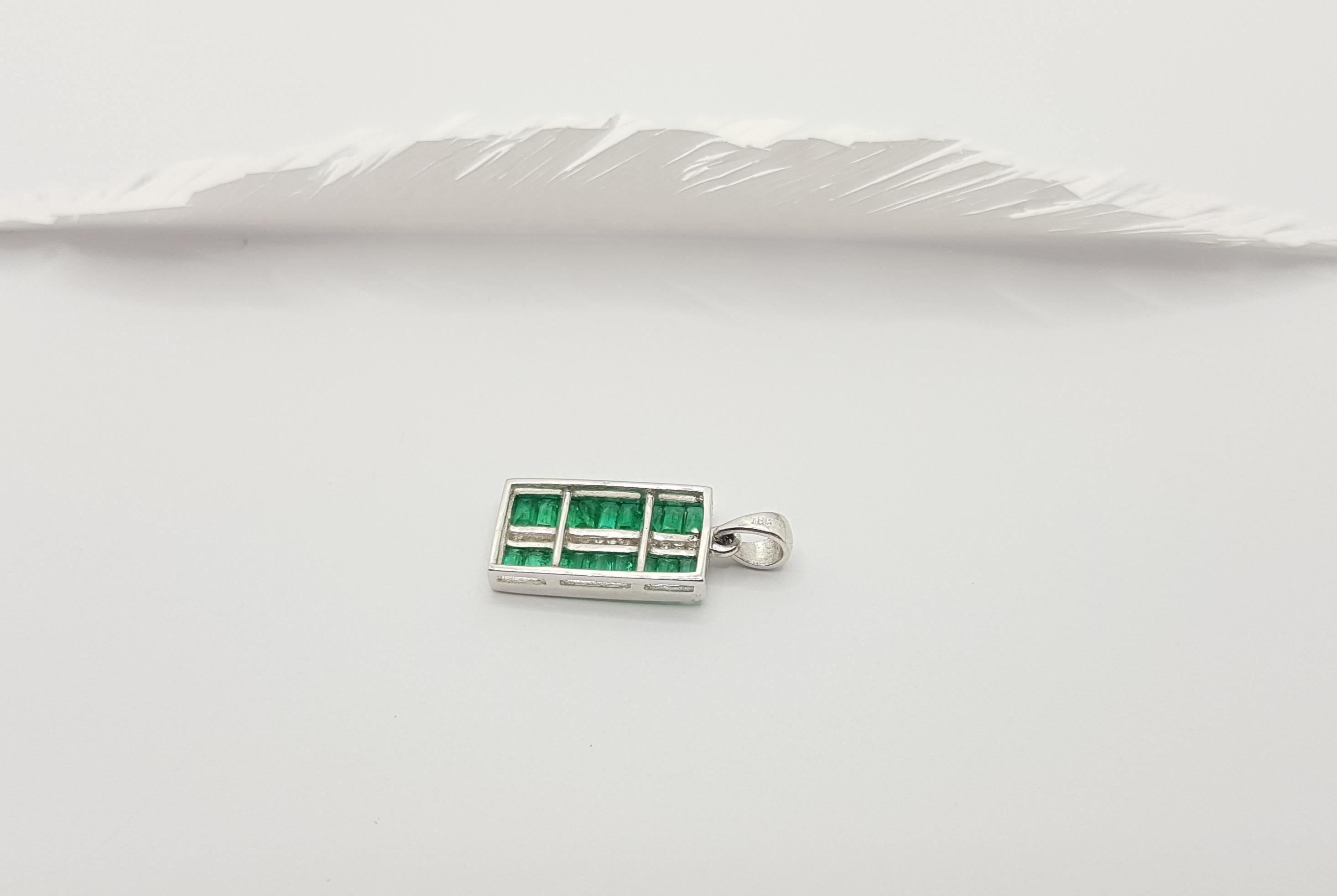 Emerald Cut Emerald with Diamond Pendant Set in 18 Karat White Gold Settings For Sale