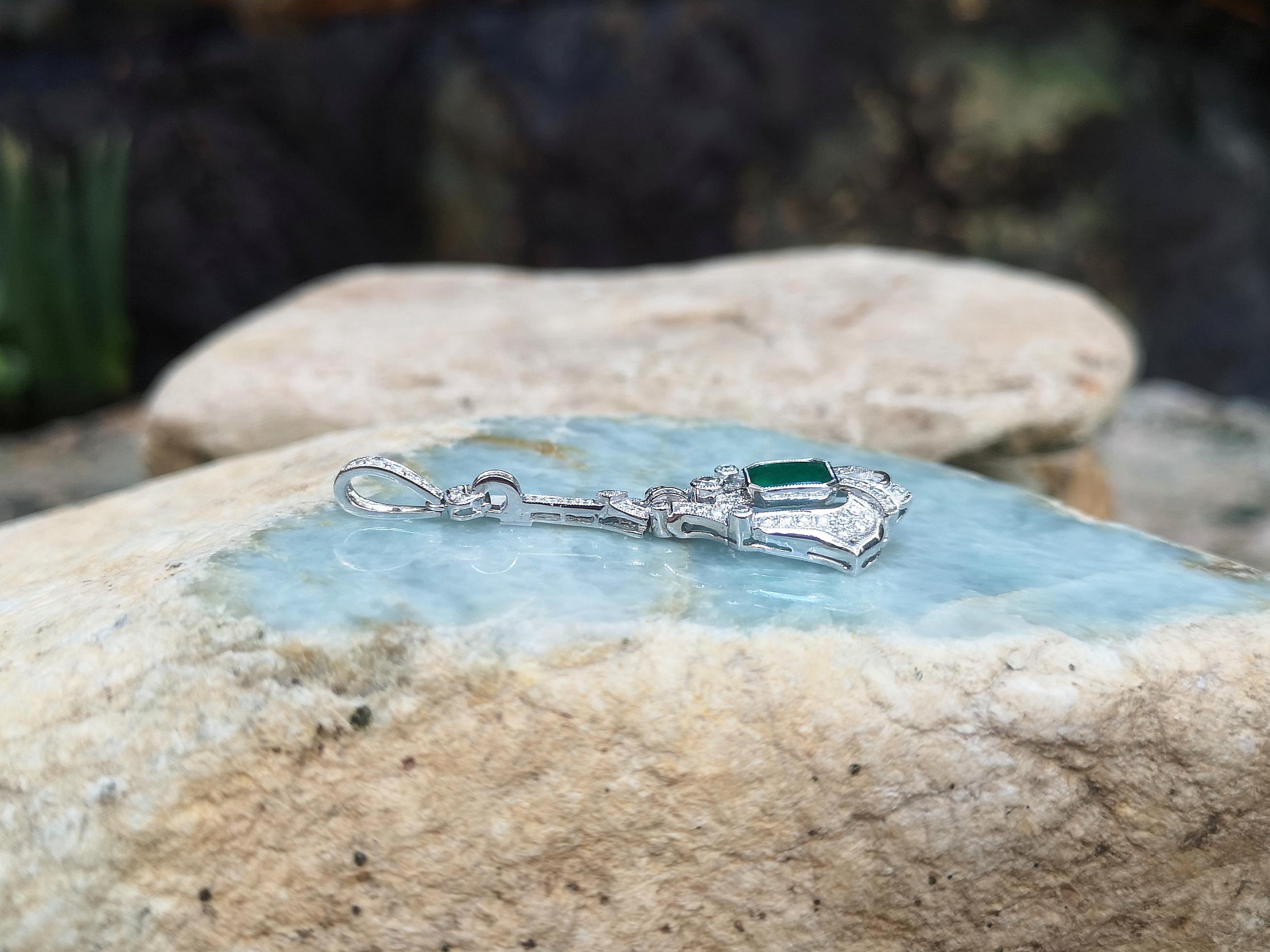 Art Deco Emerald with Diamond Pendant Set in 18 Karat White Gold Settings For Sale