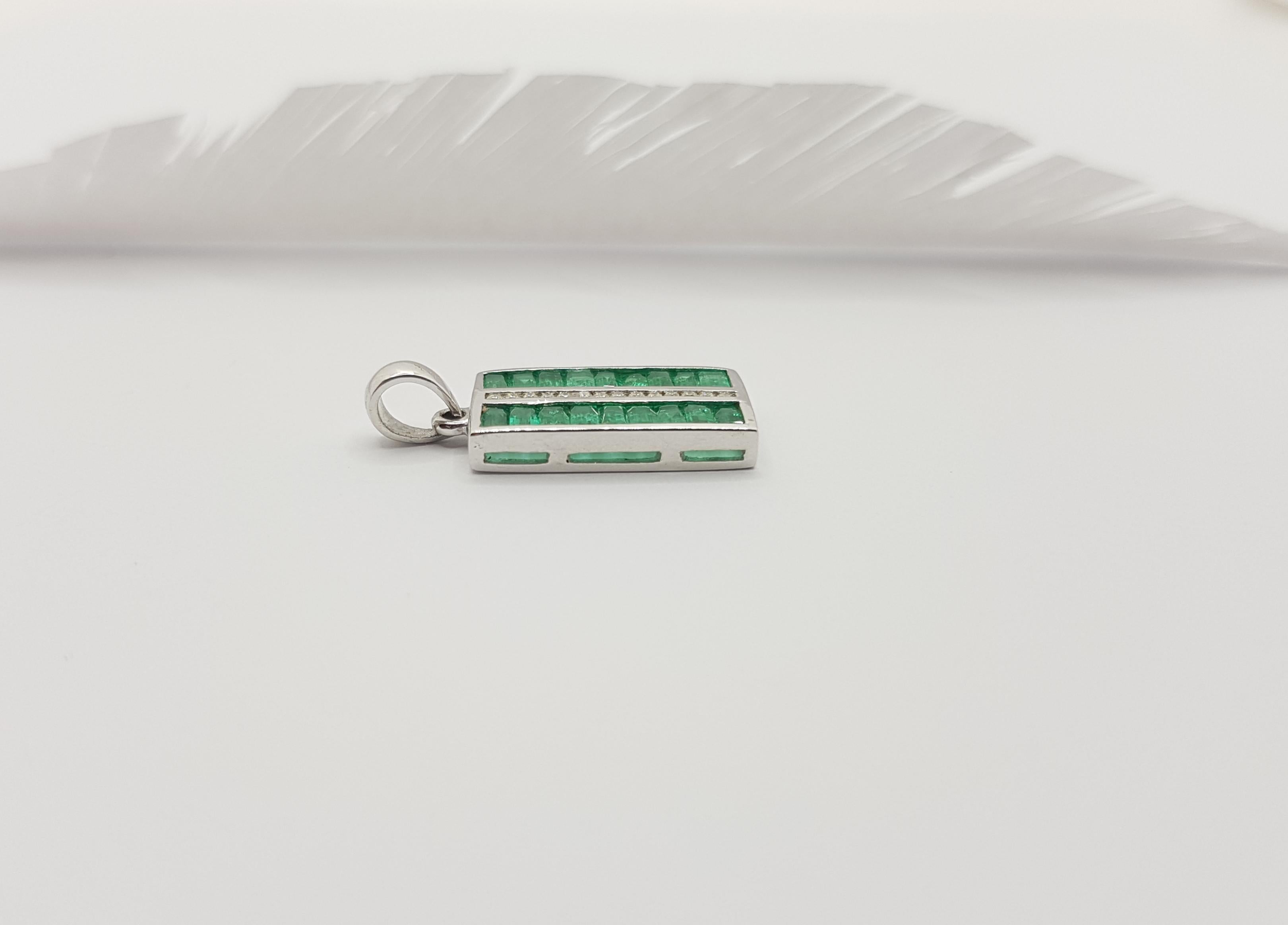Women's or Men's Emerald with Diamond Pendant Set in 18 Karat White Gold Settings For Sale