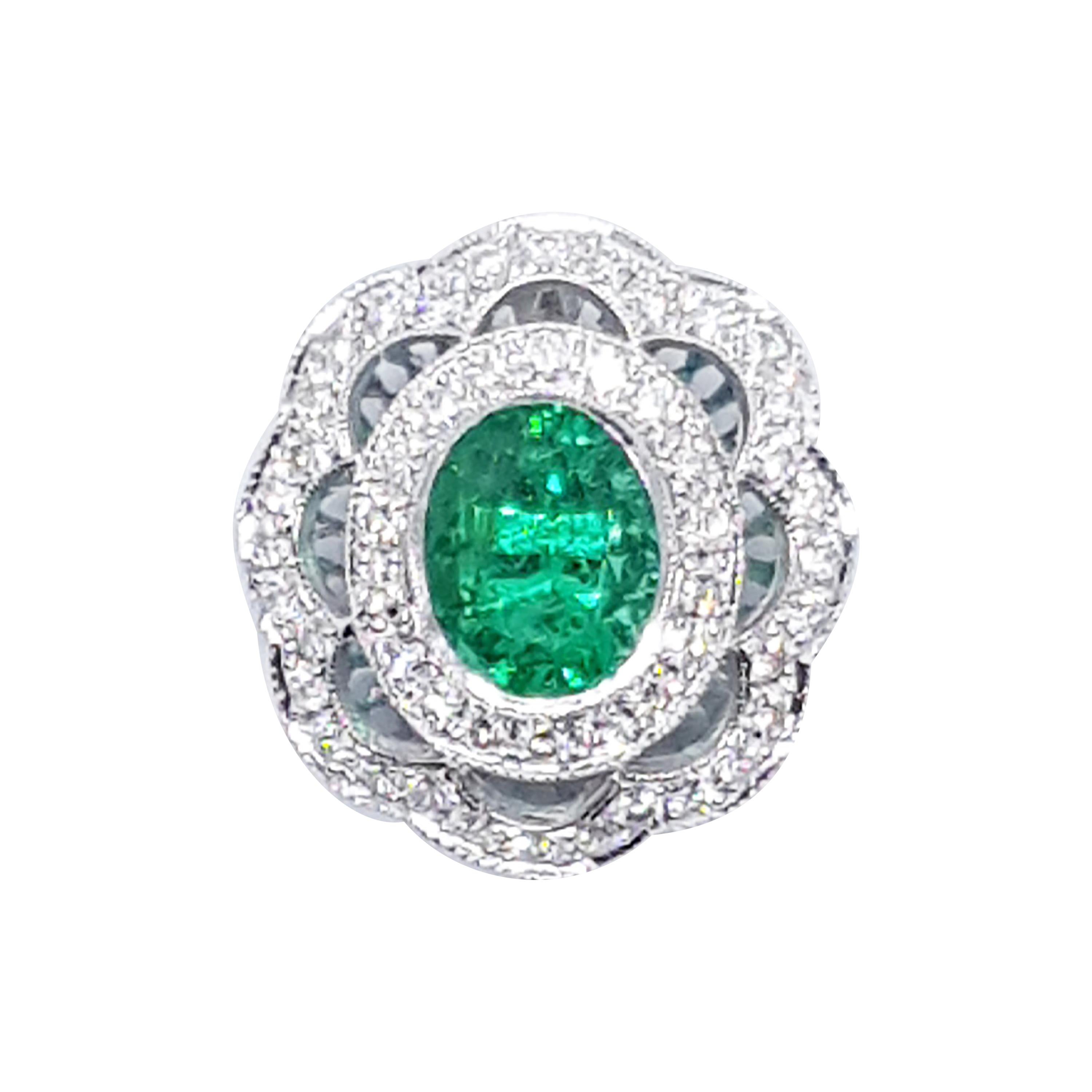 Emerald with Diamond Pendant Set in 18 Karat White Gold Settings For Sale