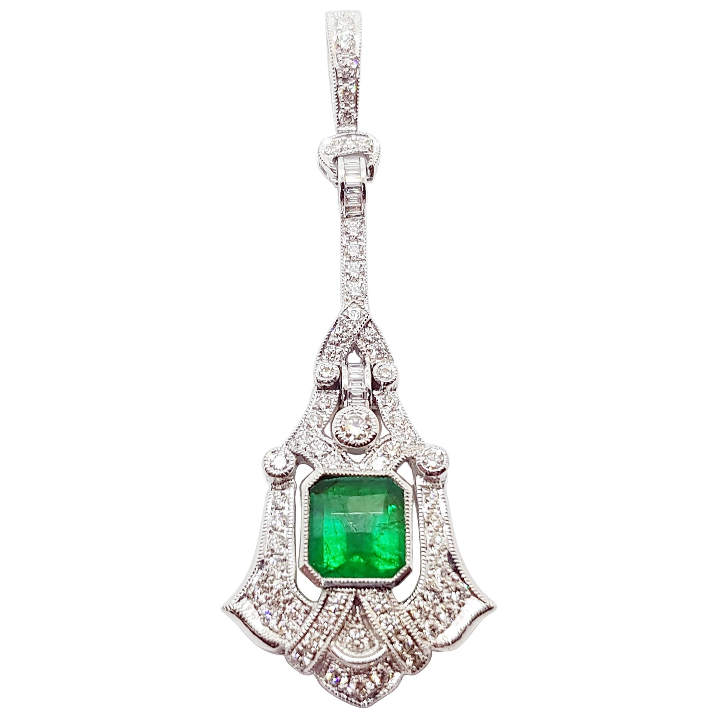 Emerald with Diamond Pendant Set in 18 Karat White Gold Settings For Sale