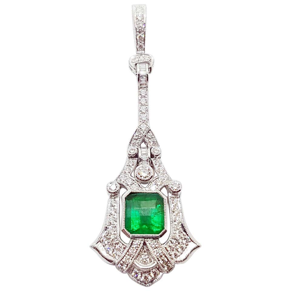 Diamond and Emerald A-Symmetrical Pendant Necklace Set in 18 Karat ...