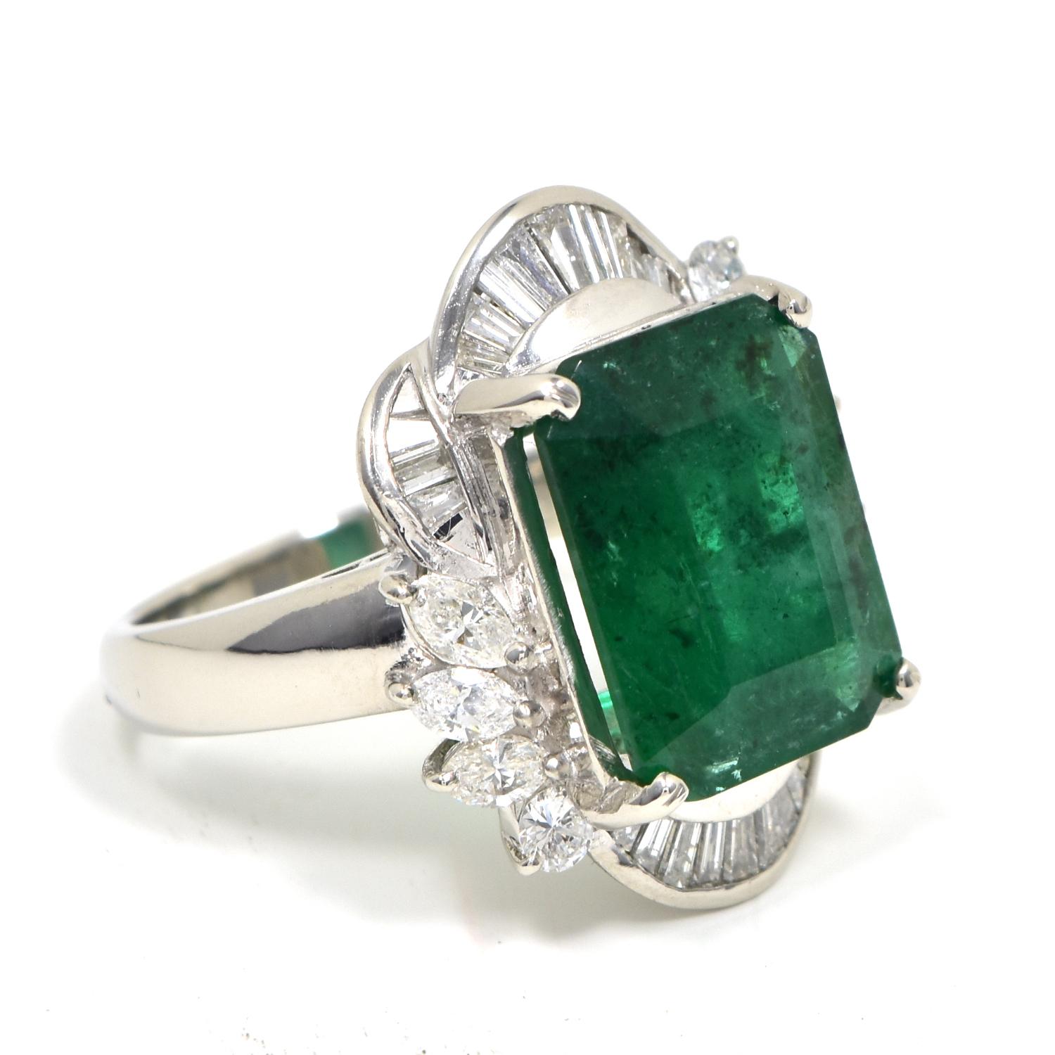 Emerald Cut Emerald with Diamond Platinum Ring For Sale