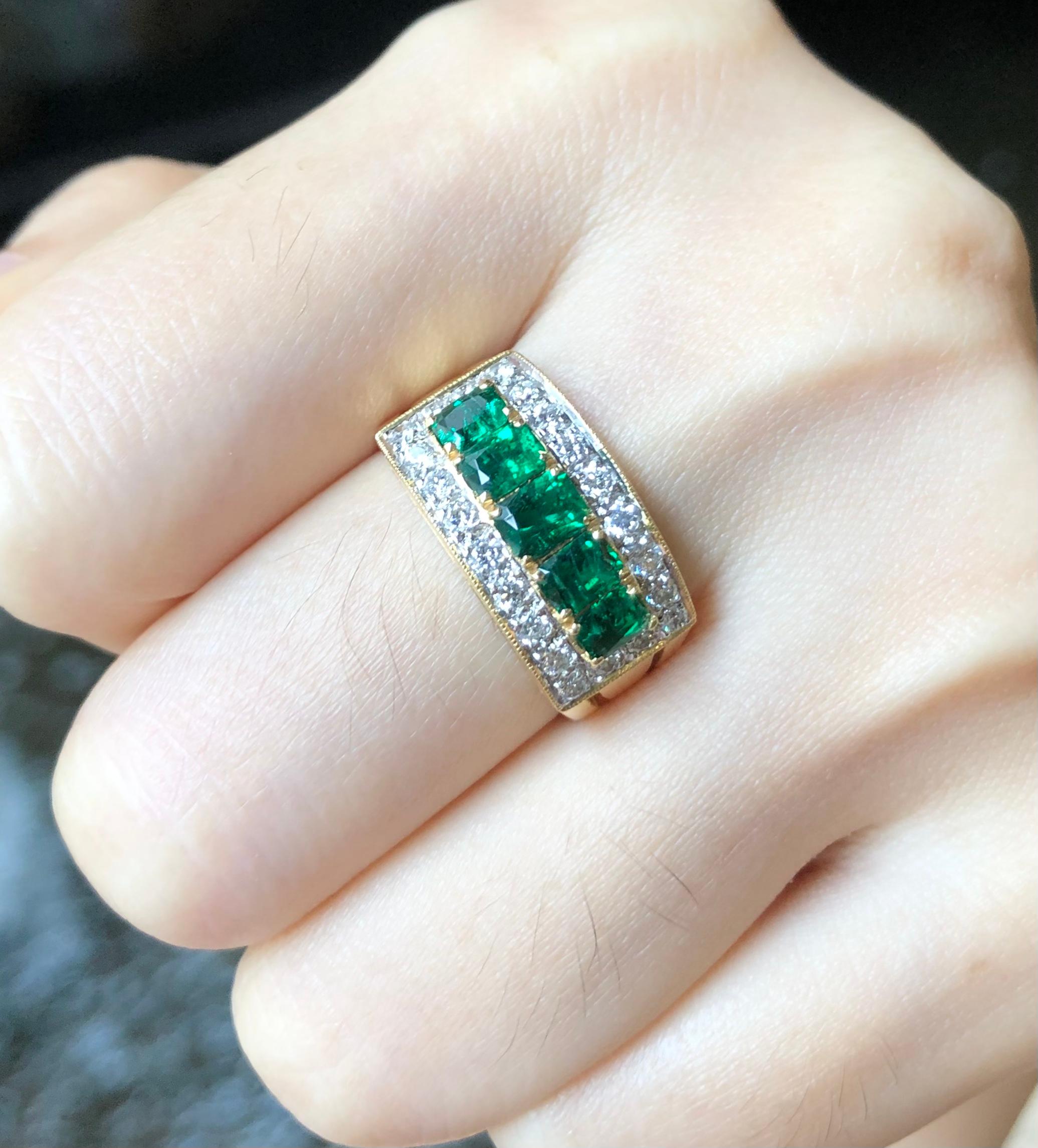 Emerald Cut Emerald with Diamond Ring Set in 18 Karat Gold Settings For Sale